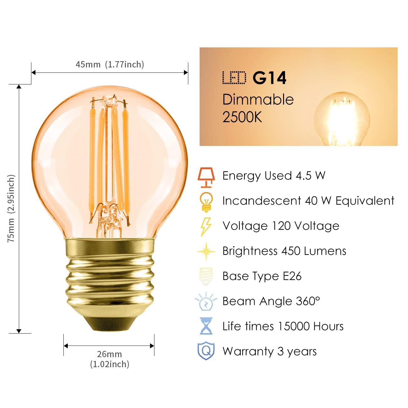Lvwit G14 Led Filament Globe Bulb 5.5W(40W Equivalent), Dimmable 2500K Warm White E26 Screw Base, Decorative Edison Light Bulb, Ul-Listed(6-Pack),Amber Yellowish