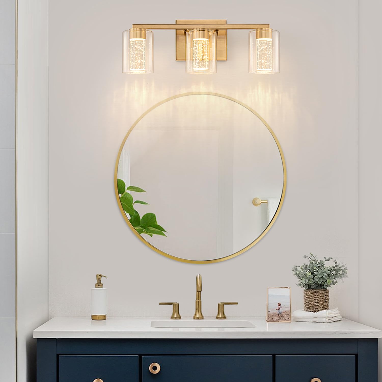 SineRise 3-Light Vanity Light, Dimmable LED, Gold, Eye Protection, Clear Glass Shade, Model 3676c136-a32e-409c-bd40-693cc