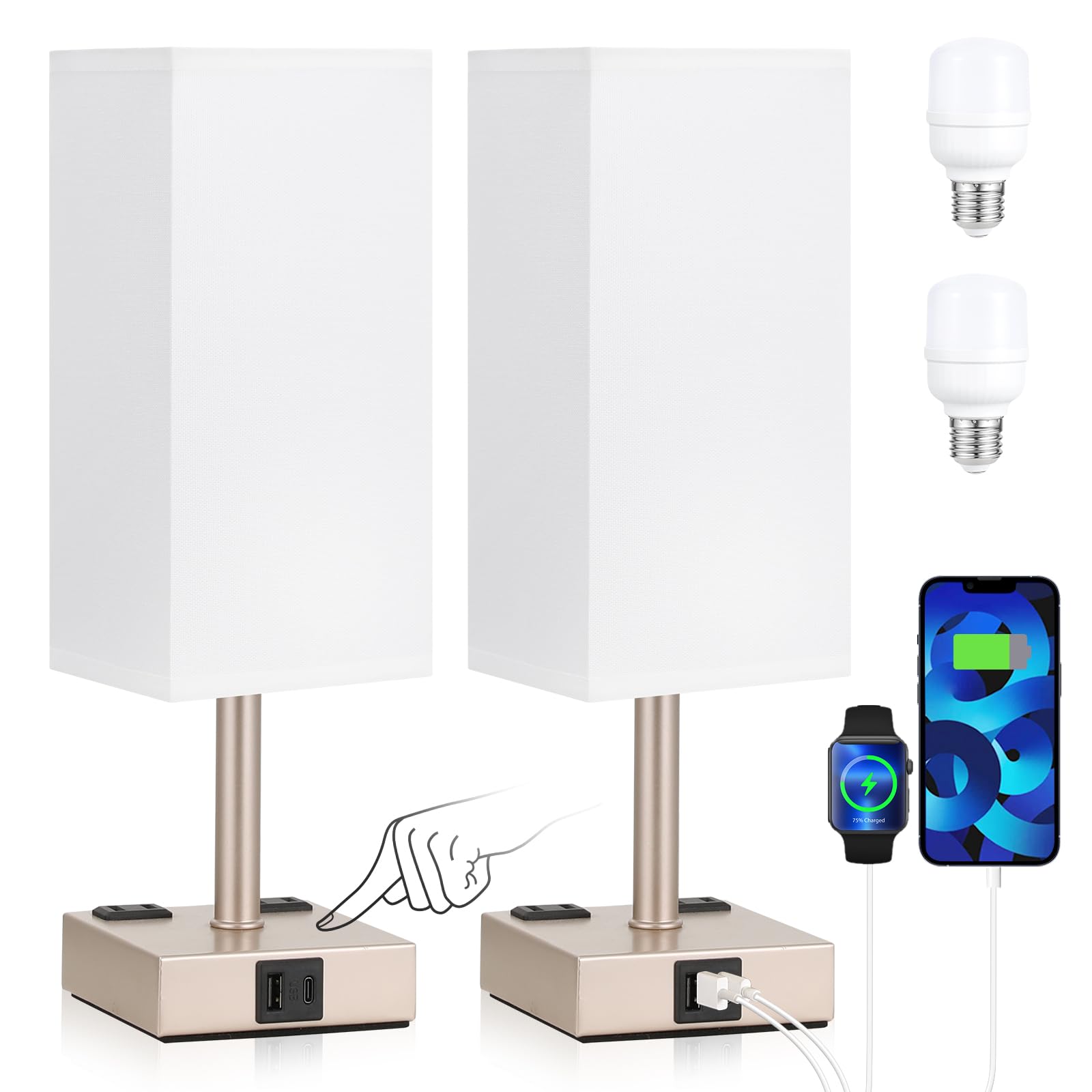 Aooshine Light Gold Touch Lamps Set Of 2 - Nightstand Lamp With Usb-C + A Charge Ports & Ac Outlets, 3-Way Dimmable Bedside Lamp