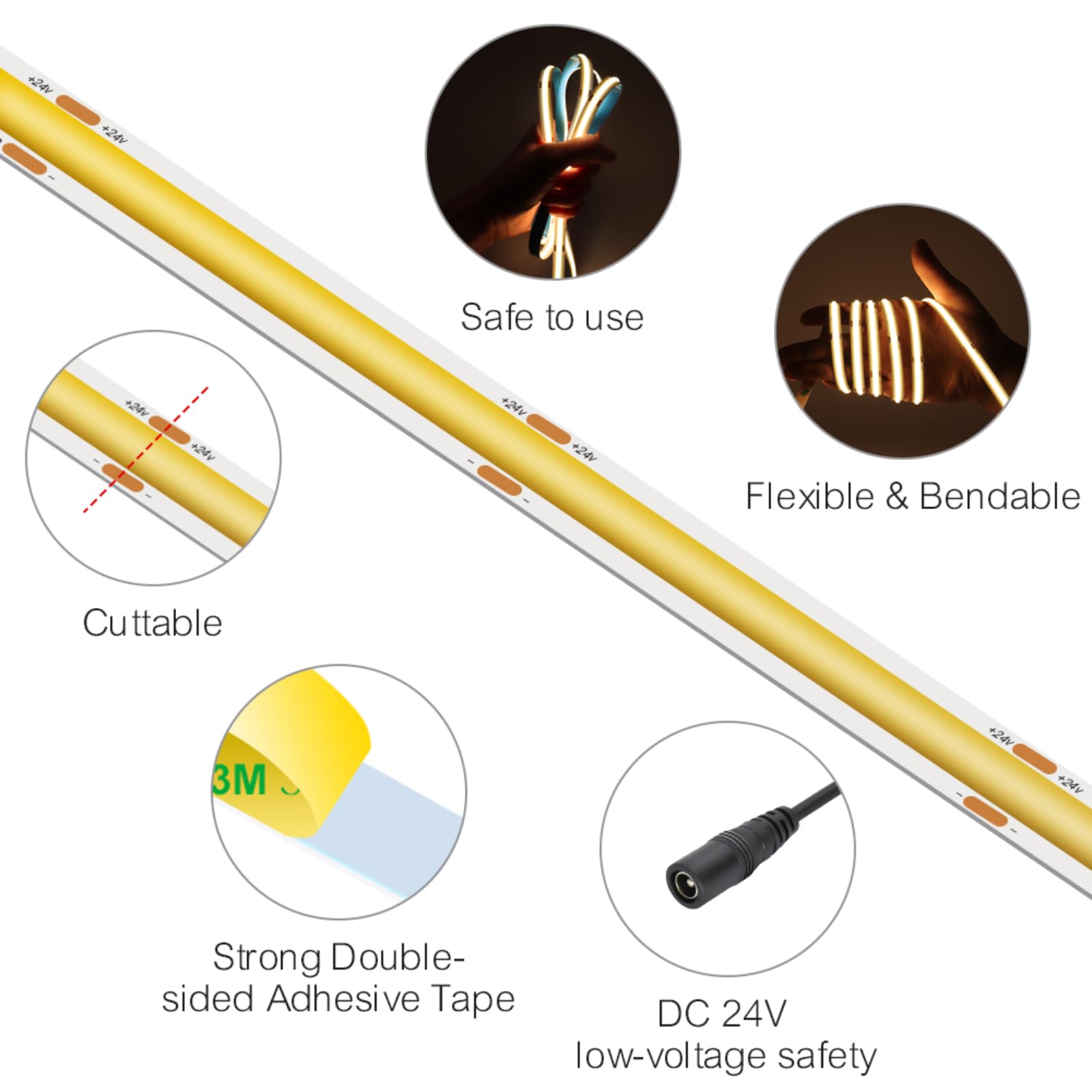 Maliigaza 32.8Ft Cob Led Strip Light 24V 3000K Ra90+ Flexible High Bright Dimmable Led Tape  8Mm Width Strip Light With 3840 Leds For Home Indoor Lighting Decor (Without Power Supply Or Adapter)