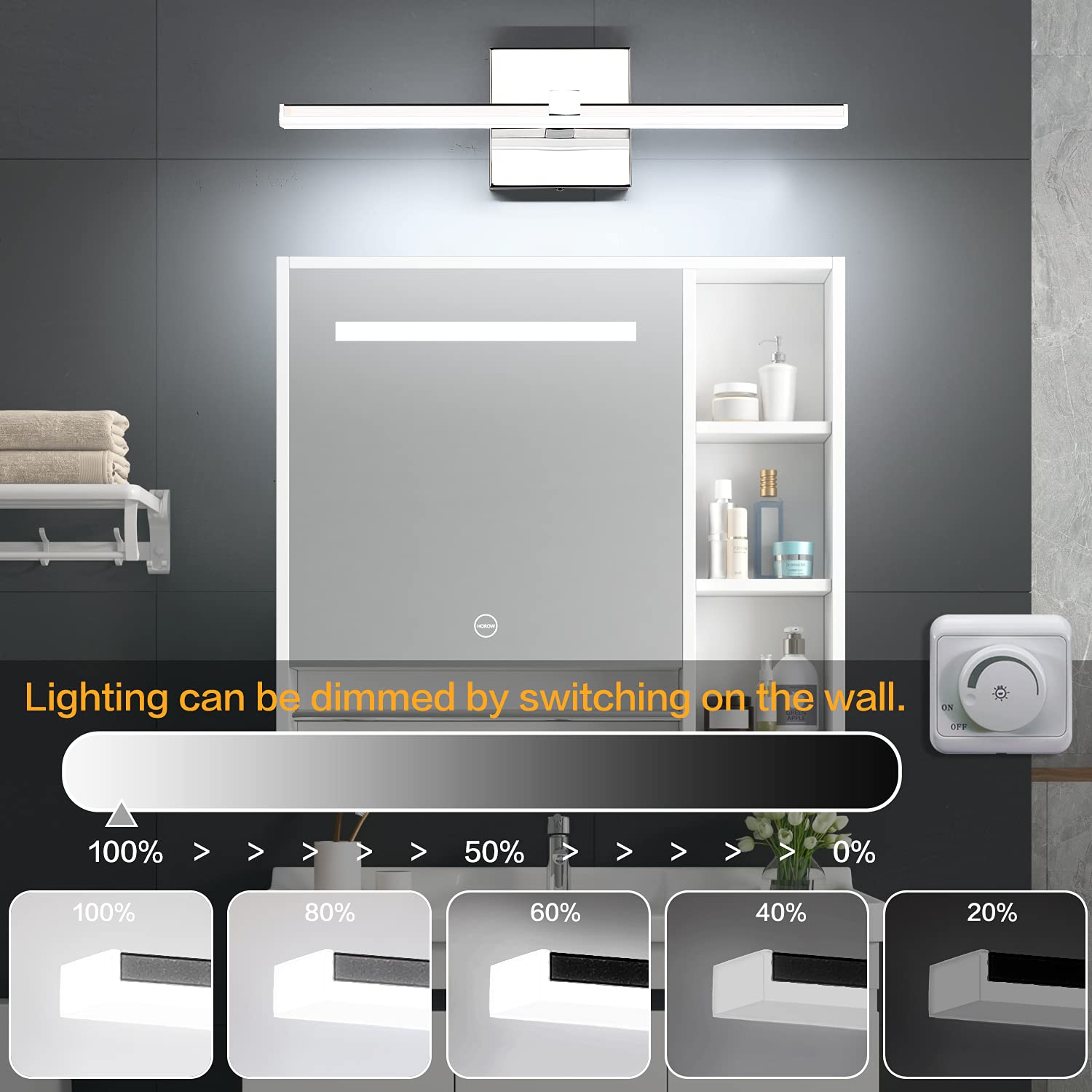 ZUZITO Bathroom Light Fixture LED Dimmable 14W 18in Chrome Modern Model Z9650-450mm