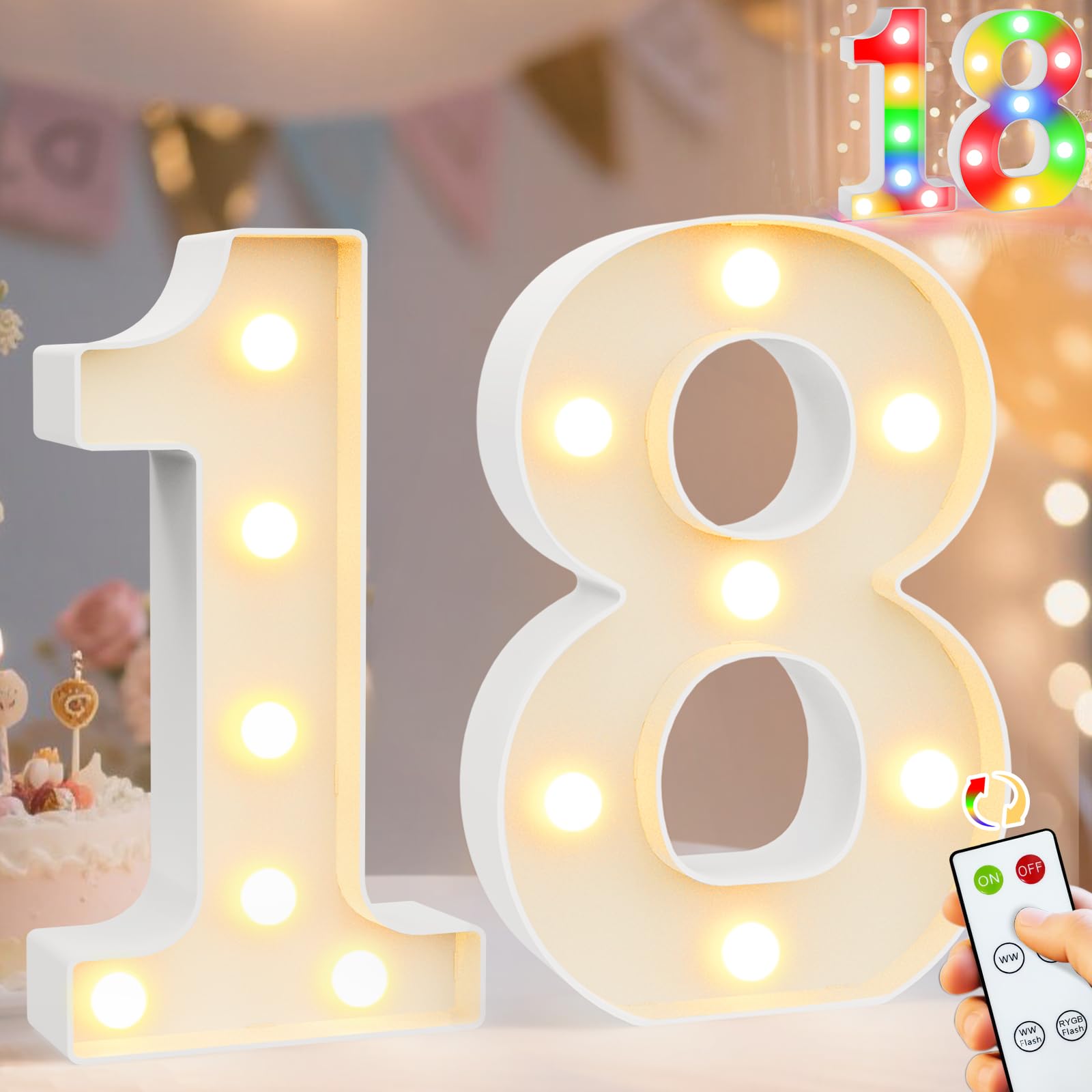Pooqla 18Th Birthday Decoration For Girls Boys  Decorative Led Light Up Numbers  Marquee Numbers 18 Sign For Party Backdrop 18Th Wedding Anniversary Decor Gift  Warm White And Colorful Number 18