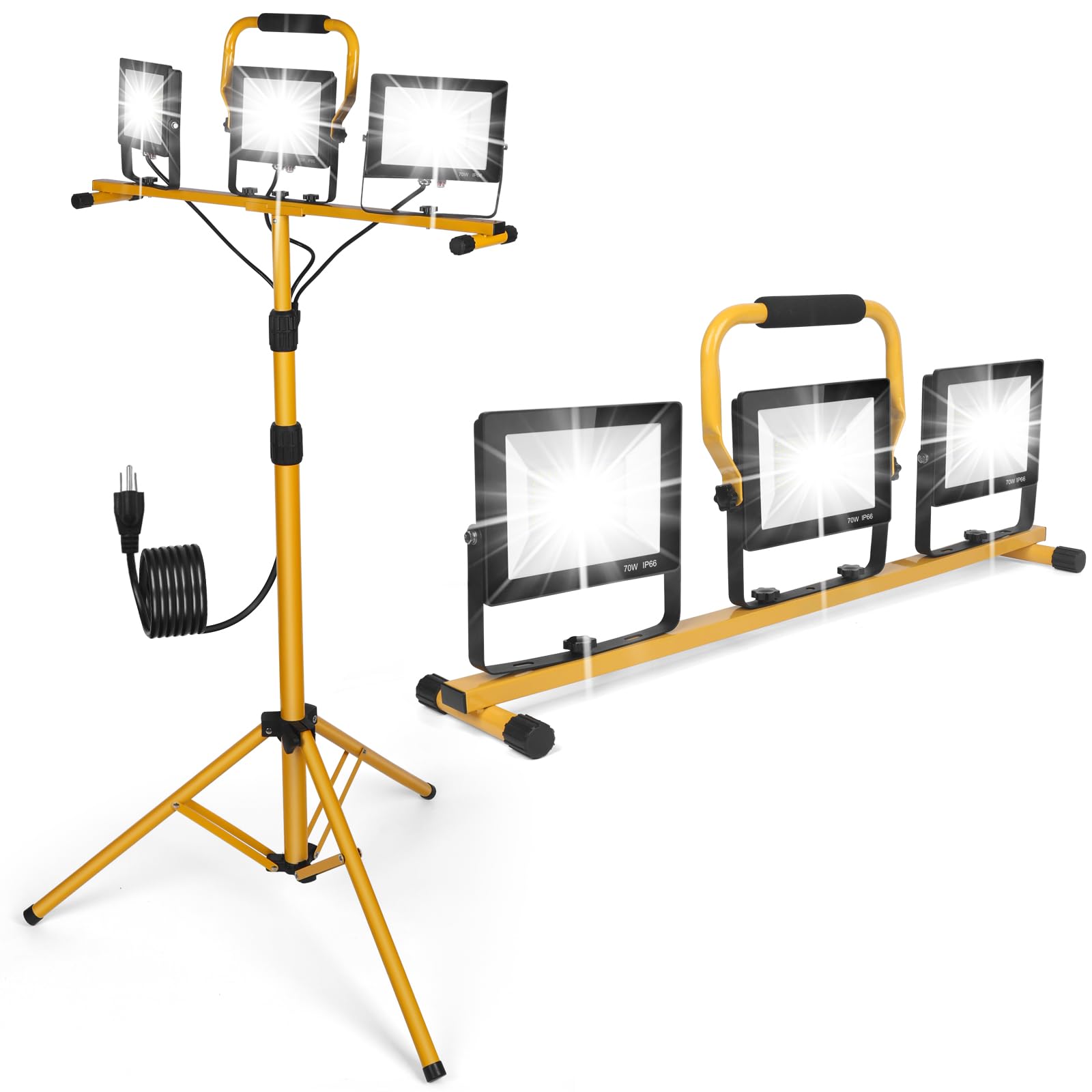 JDZKOMKE 21000Lumens LED Work Lights with Stand, 3 Adjustable Work Lamp Head with Individual Switch, IP66 Waterproof Tripod Work