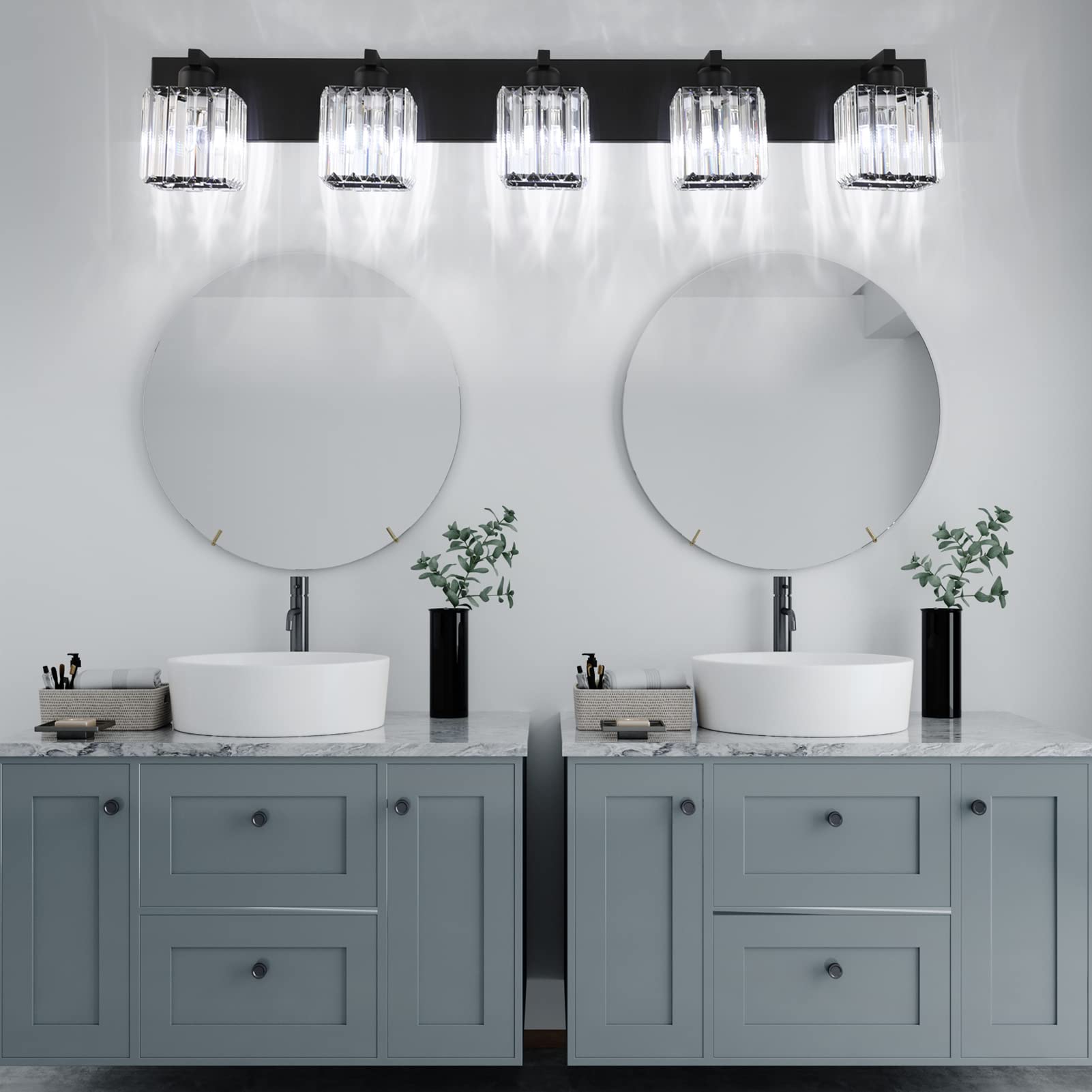 Aipsun 5-Light Bathroom Vanity Light, Black Aluminum Crystal Fixtures, Model 8461