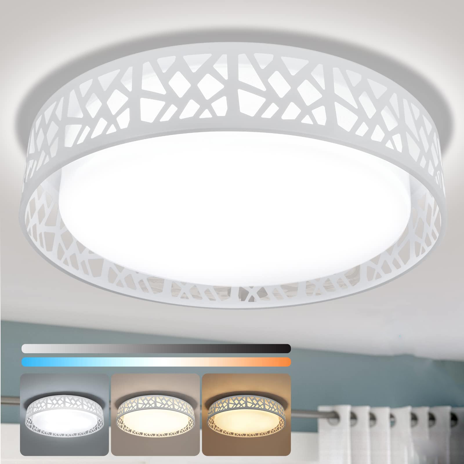 DINGLILIGHTING DLLT 35W Modern Dimmable Ceiling Light, 18.5in LED Flush Mount, Remote Control, Color Changeable, White, Model WS-FPC21