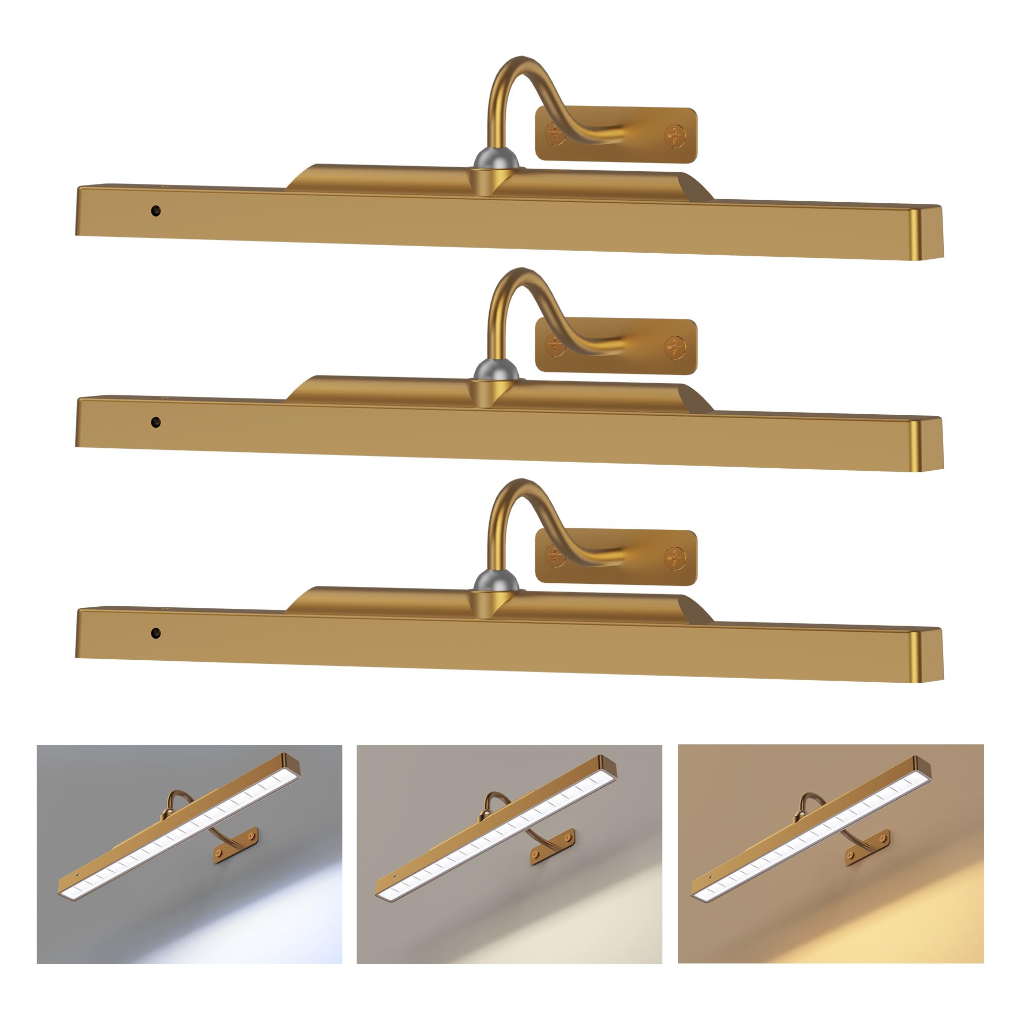 Craftersmark Picture Light, 3 Pack, Battery Rechargeable, Remote Control, Dimmable, Brass