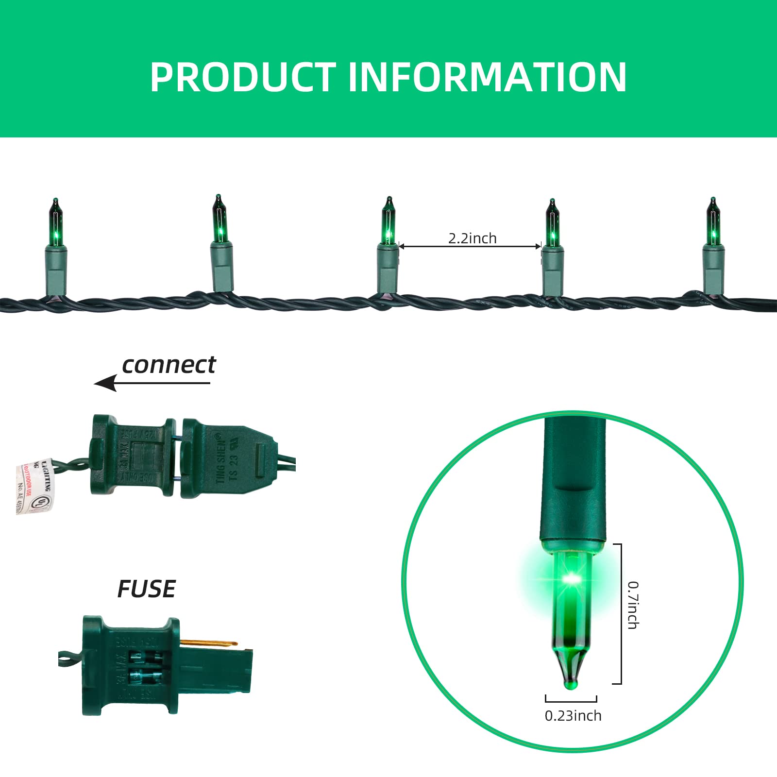 Xmashome 19.6Ft Green Wire Green String Lights, 100 Count Incandescent Christmas Lights (Green, 100 Lights)