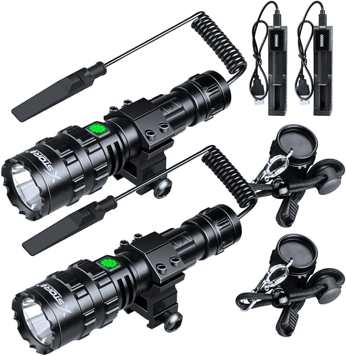 X.Store 2 Pack LED Tactical Flashlight with Pressure Switch  Picatinny Rail Mount Flashlight USB Rechargeable IP65 Waterproof Sporting Equipment Light 5 Modes for Hunting  Camping & Emergency