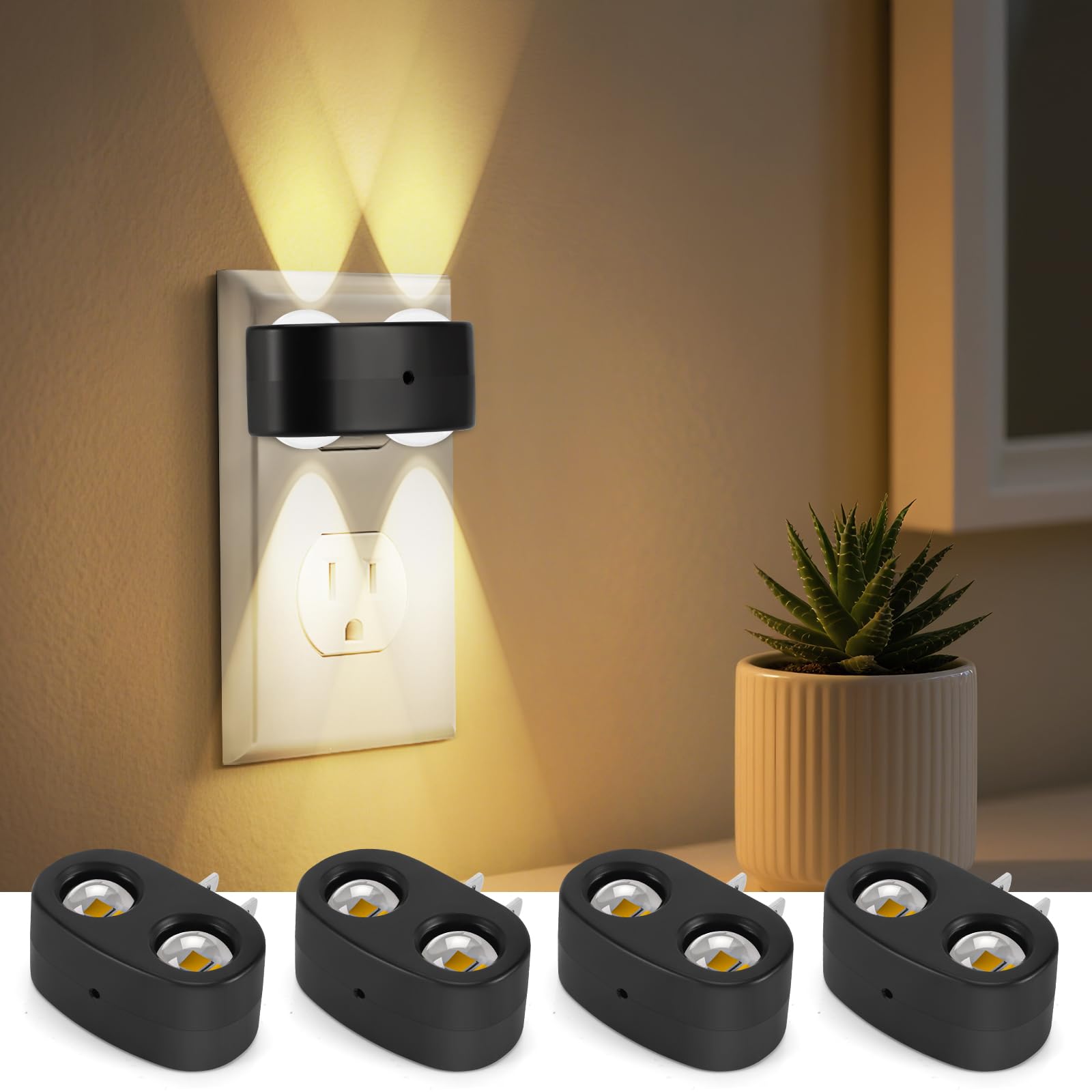 SETEN 4 Pack LED Plug-in Wall Night Light, 100 Lumens Soft White 3000K, Auto On/Off Dusk to Dawn Sensor, Adjustable Swivel Head 