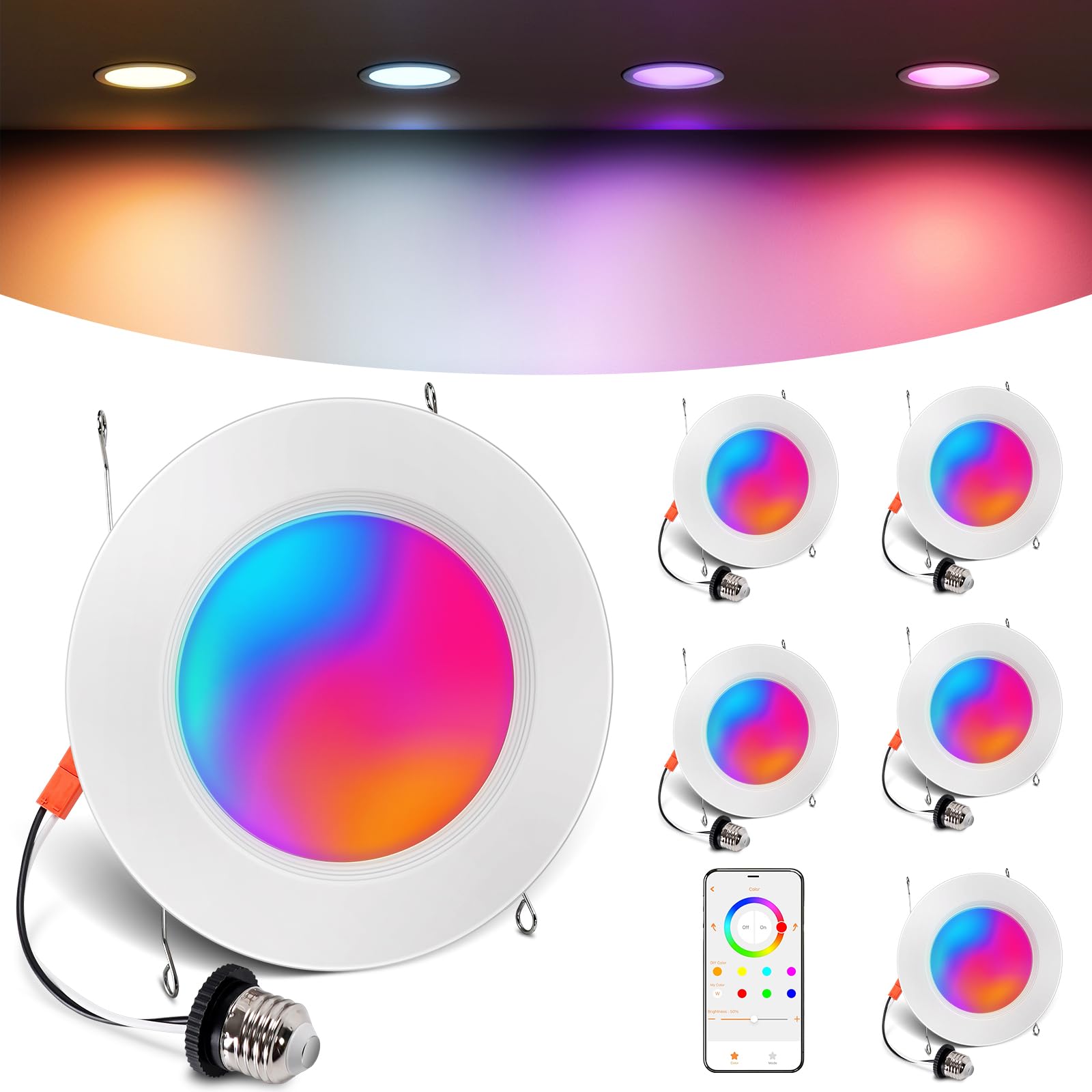 Varicart Smart Recessed Lighting 6 Inch  Rgbcw Color Changing Led Can Lights Bluetooth Connect  Flicker Free  13W 1300Lm  Dimmable Retrofit Downlight Works With Alexa Voice & App Control  Etl  1 Pack