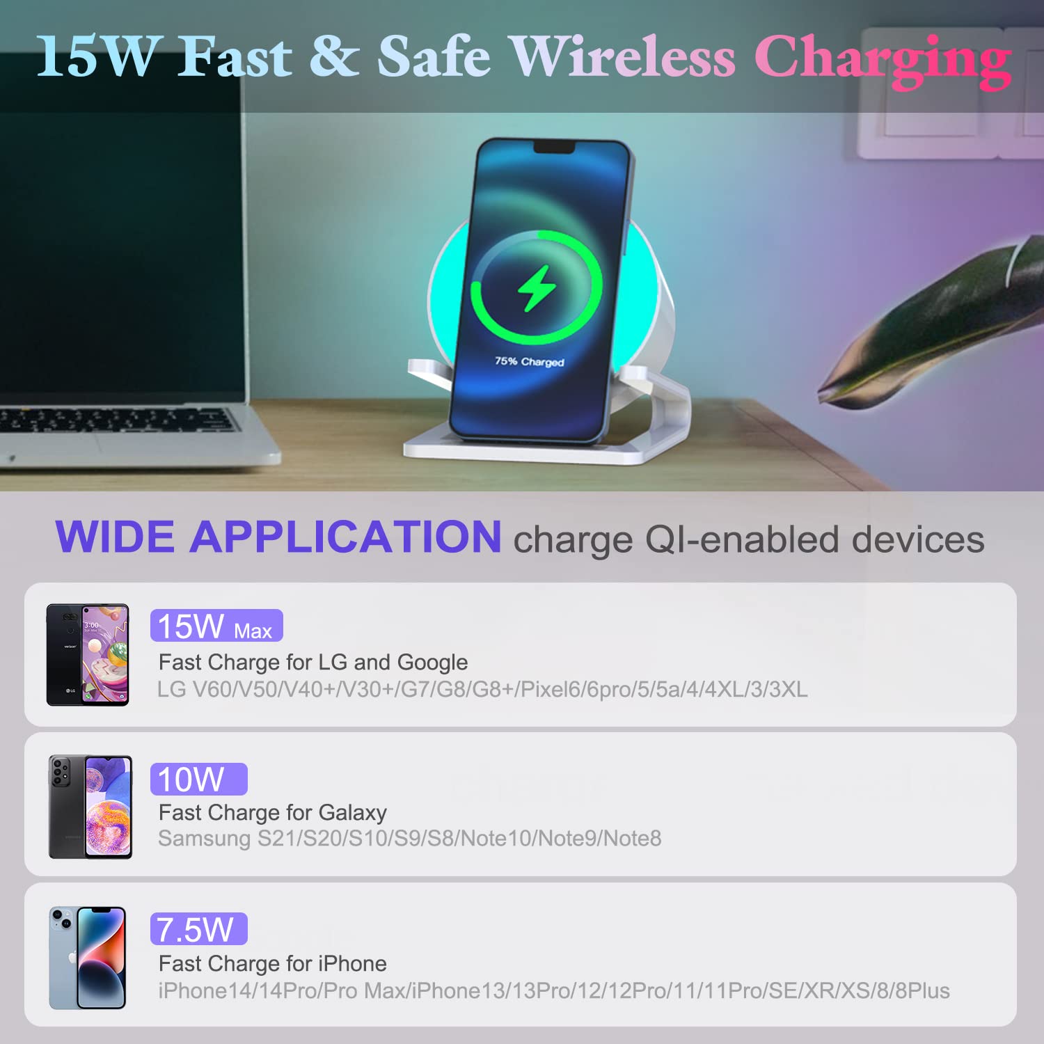 Doopo Night Lights Bluetooth Speaker,Wireless Charger 15W With Phone Holder, Touch Control Bedside Lamp Dimmable With Dynamic Co