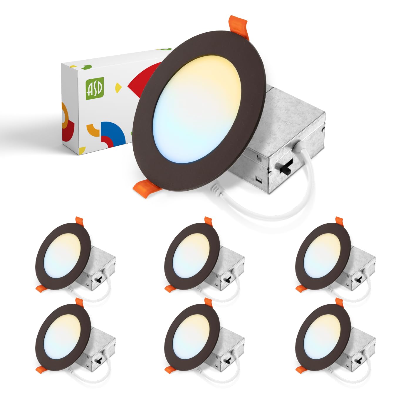 Asd Led Recessed Lighting 4 Inch - 2700K/3000K/3500K/4000K/5000K, 12W 50W Eqv - Ultra Thin Dimmable Ceiling Lights With J Box, Canless Wafer Downlight - Round Slim Panel Light - Ul Energy Star 6 Pack