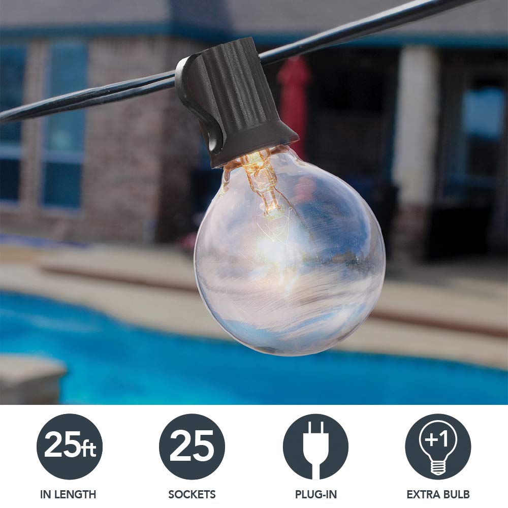Sterno Home 25-Ft Clear Globe Outdoor Incandescent String Lights G40 Bulbs on Black Cord - For Backyard, Weddings, Patio, Porch,