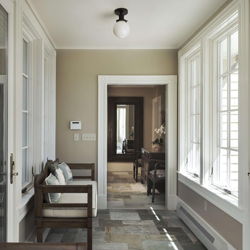 Yosoan 1-Light Ceiling Light Fixture, Milk Glass Shade, Antique Metal Base, Model 6462, Flush Mount for Kitchen, Bathroom, Entryway