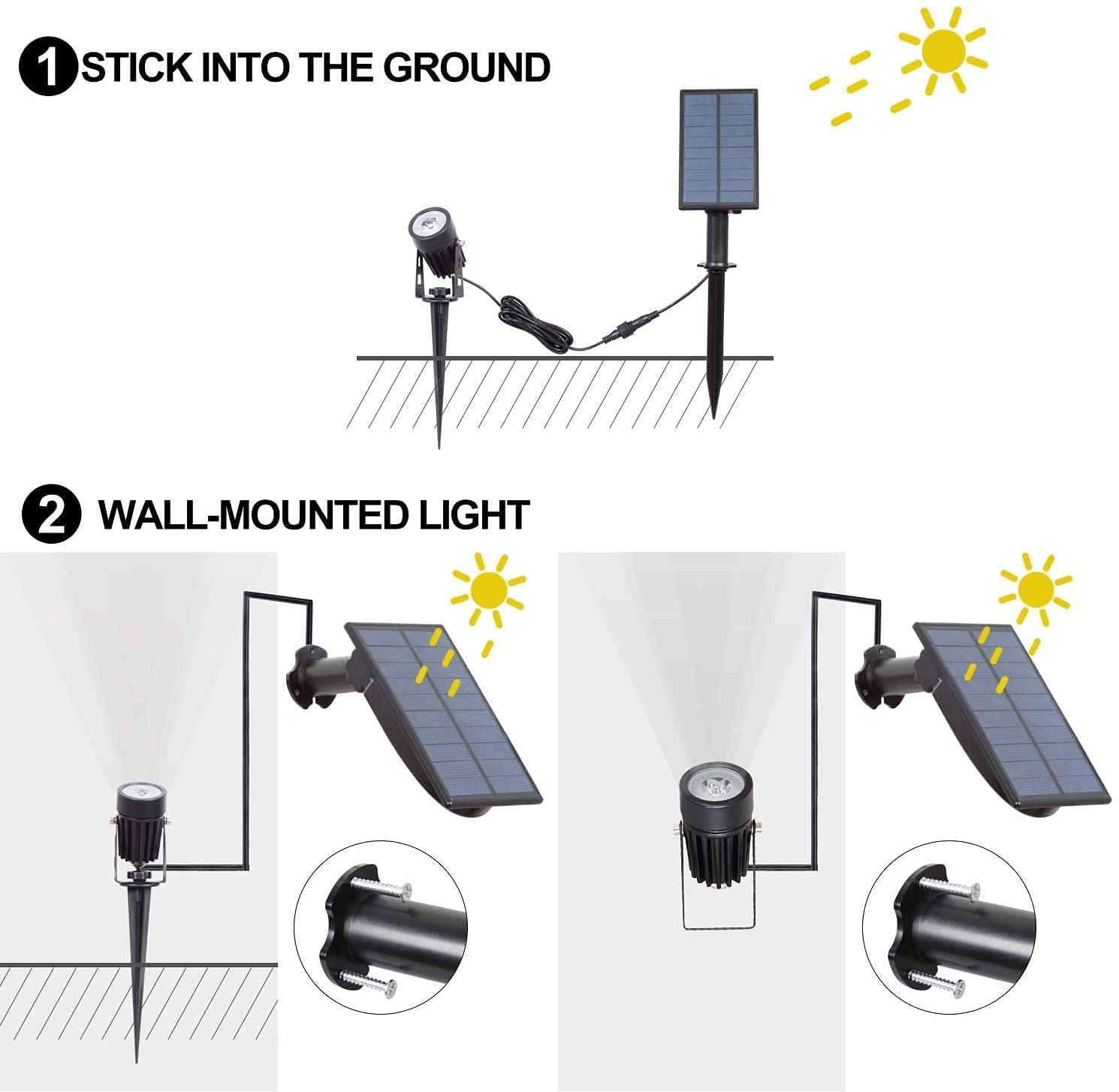 T-SUNUS Solar Landscape Spotlights, IP65 Waterproof, 2000mAh Solar Panel, 9.8ft Cable, White 6000K, Model TS-S4201