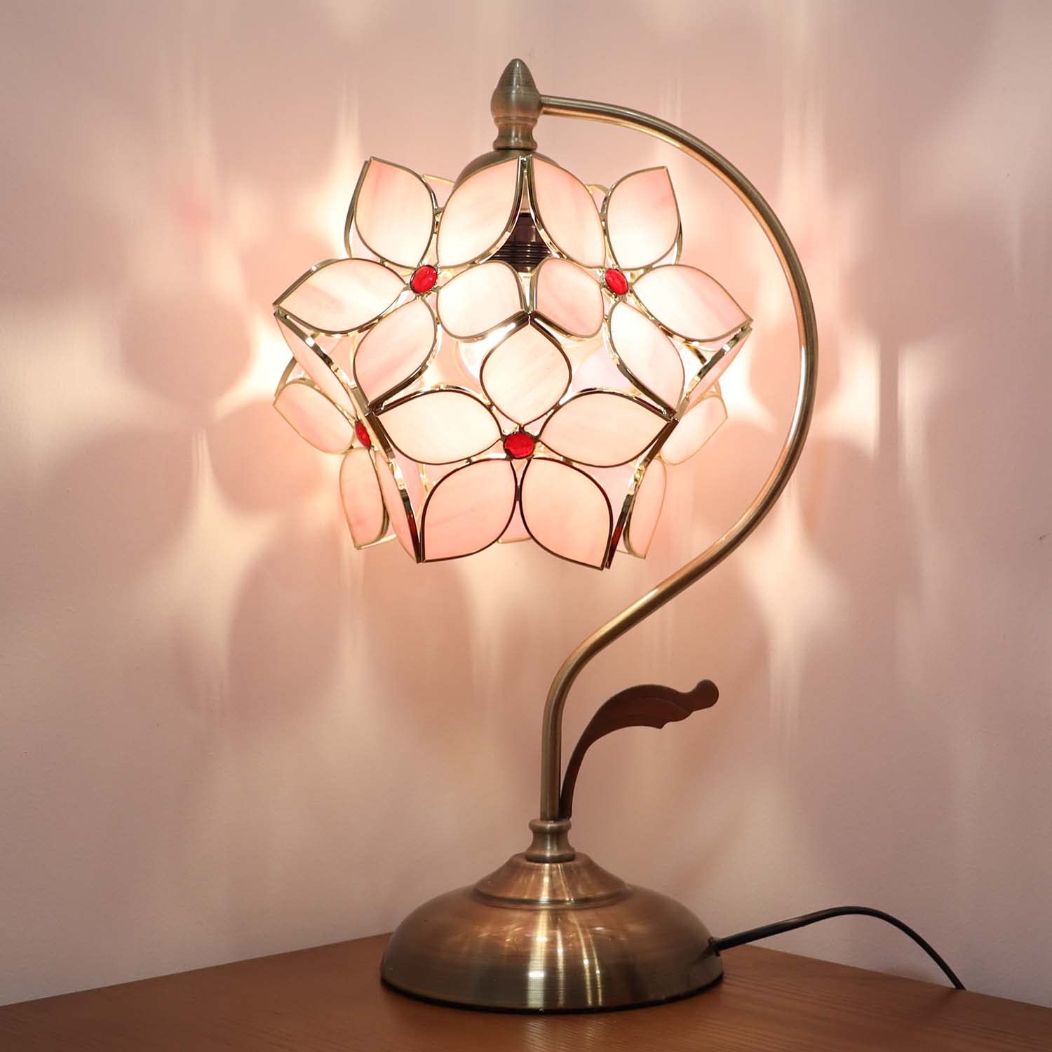 Bieye L10832 Tiffany Style Stained Glass Flower Petal Table Lamp With Brass Base For Home D  Cor (Pink, 8'' Apple Blossom)