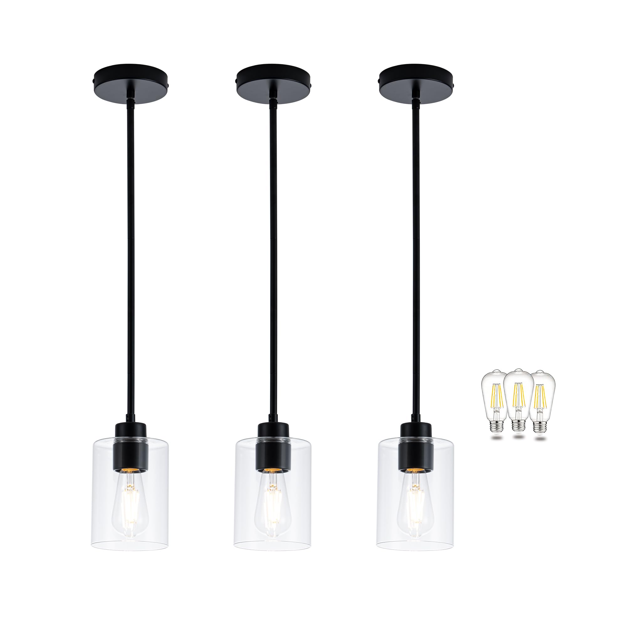 MAYNA 3 Pack Modern Pendant Lights Kitchen Island, Black Pendant Lighting with Clear Glass Shade, Adjustable Height Hanging Ligh