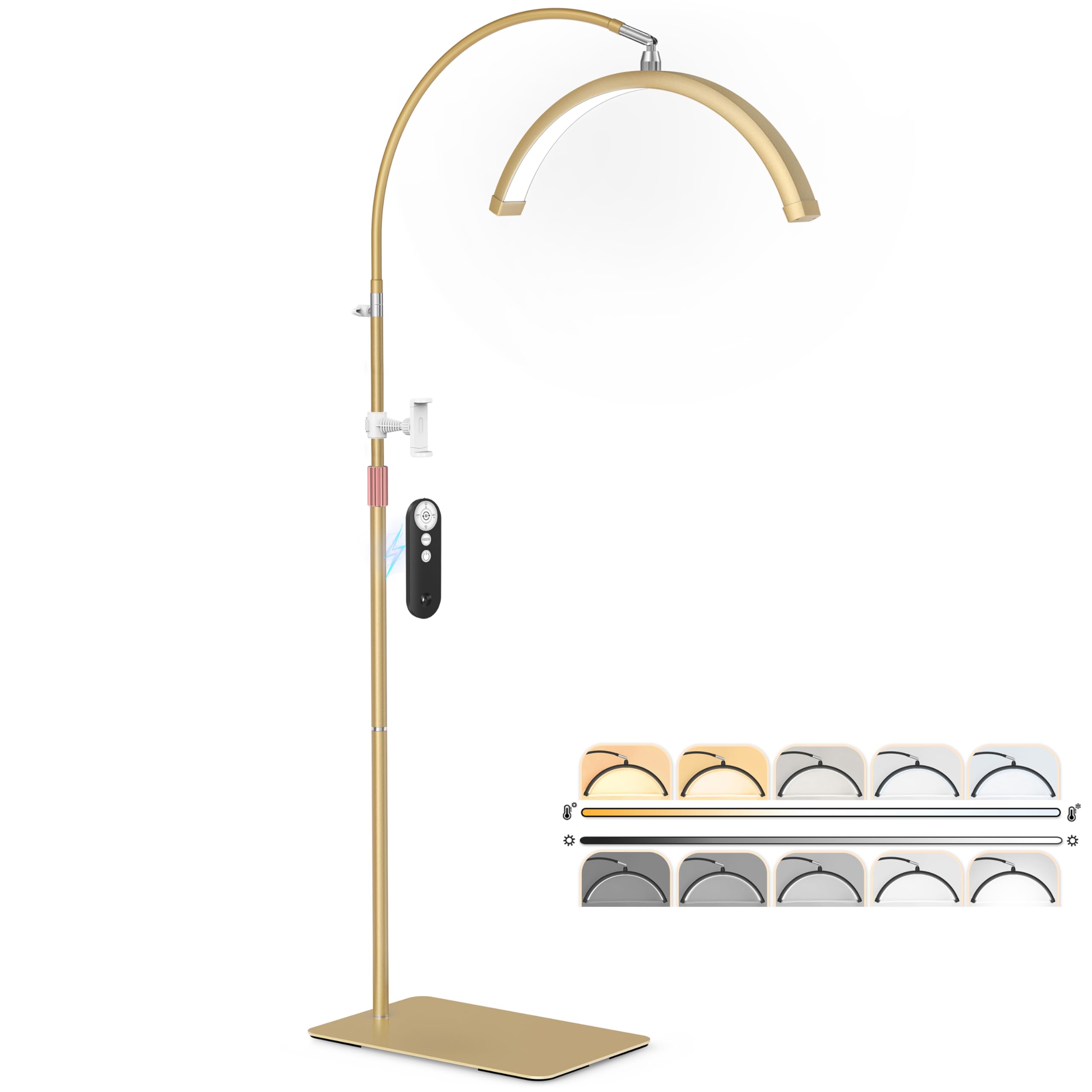 MEIAOELEC Lash Light  Flexible Half Moon Light with Phone Holder for Eyelash Nail Art Tattoos Skincare  5 Color Temperatures & Brightness Setting LED Floor Lamp  Height Adjustable Esthetician Lamp