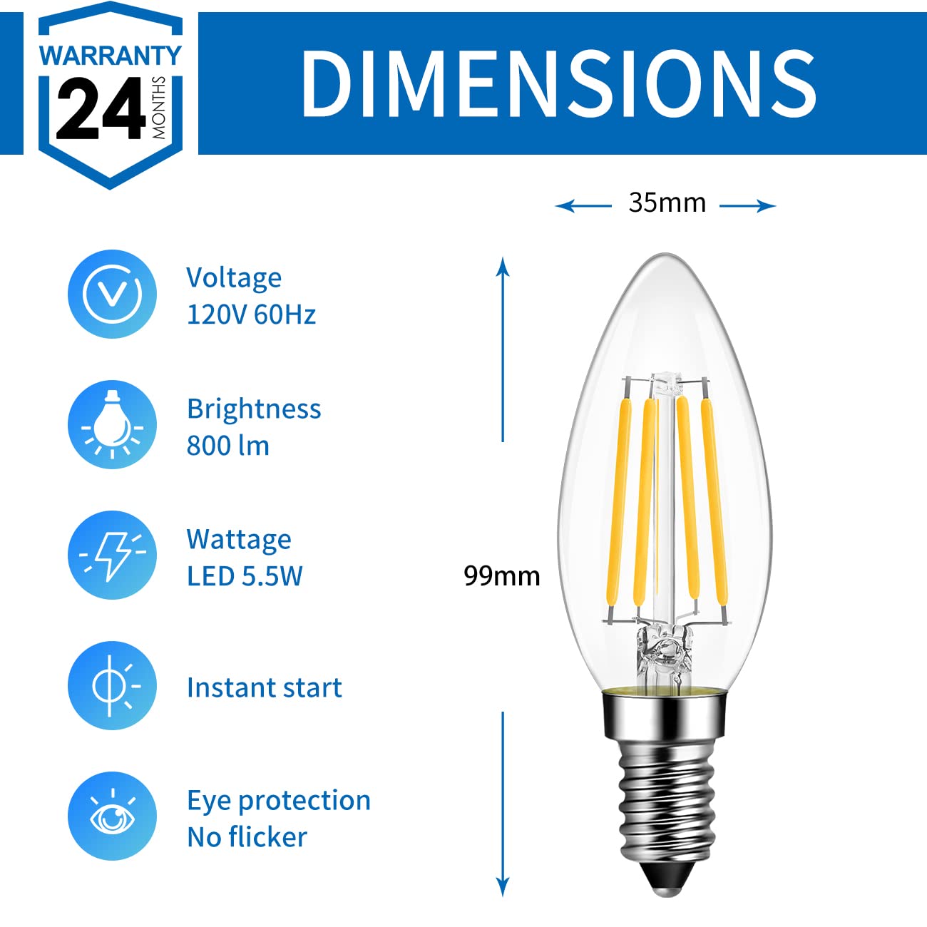 ANWIO LED Filament Bulb E12 Candelabra 5.5W 2700K Warm White Pack of 6 Non-Dimmable