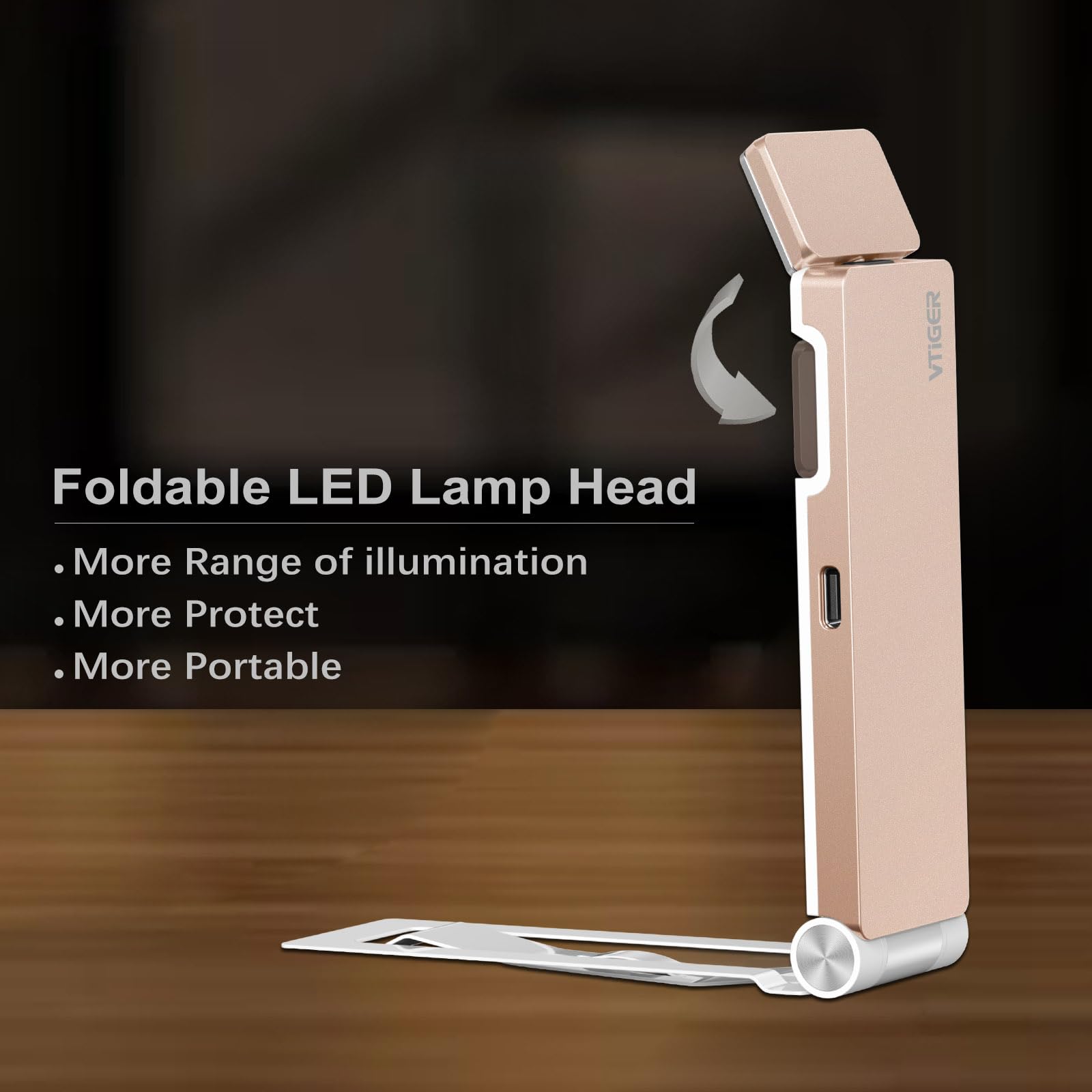 VTIGER USB Rechargeable Book Light, Foldable Clip-on LED, 3 Amber Colors, 4 Brightness Levels, Champagne Gold, Model B1