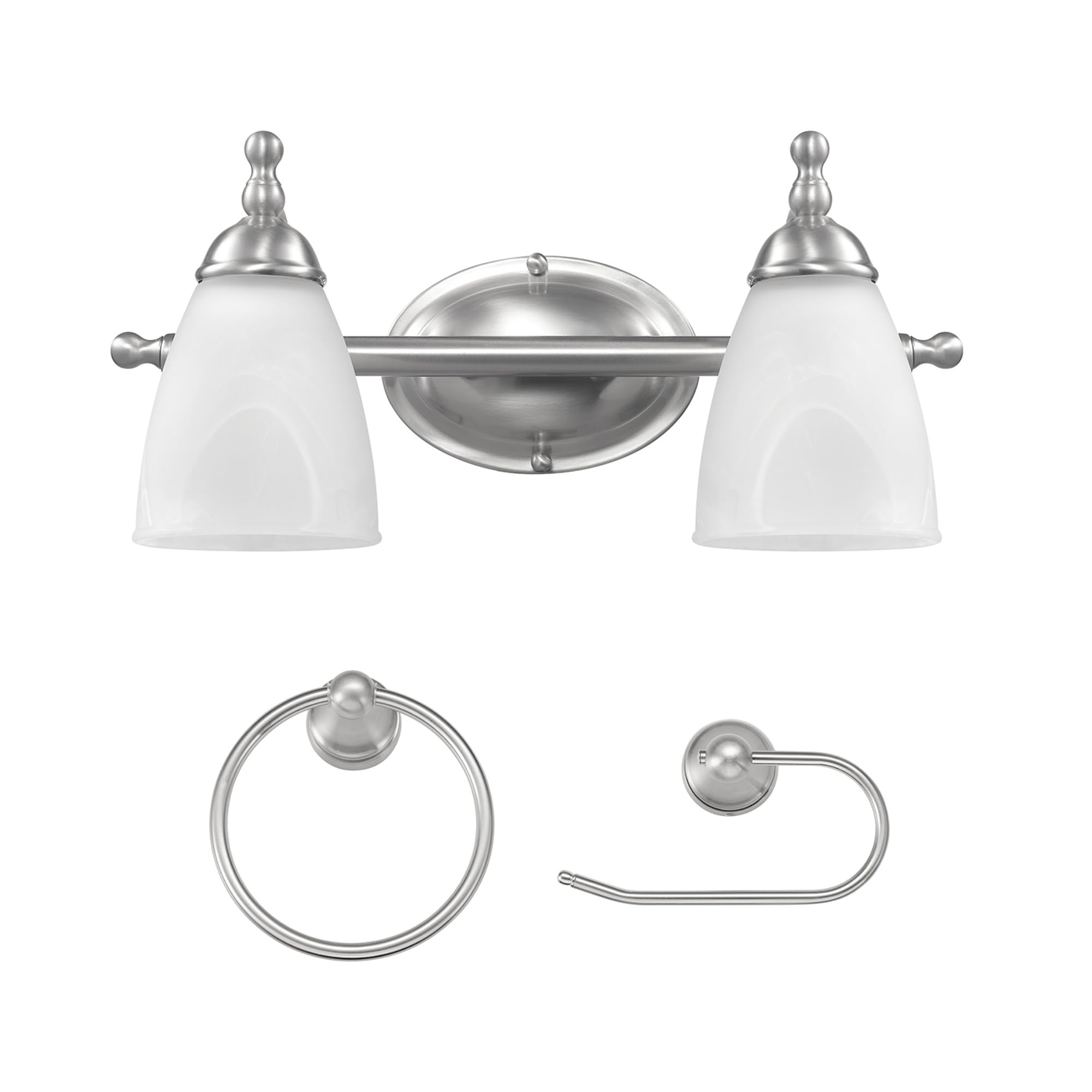 Globe Electric 63000104 3-Piece Bath Accessories, Satin Nickel Finish, 15'' 2-Light Vanity Light, Alabaster Glass Shades, Toilet