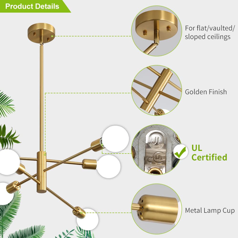 Deyidn Gold Sputnik Chandelier, 6-Light Metal Industrial Ceiling Fixture For Living Room & Kitchen
