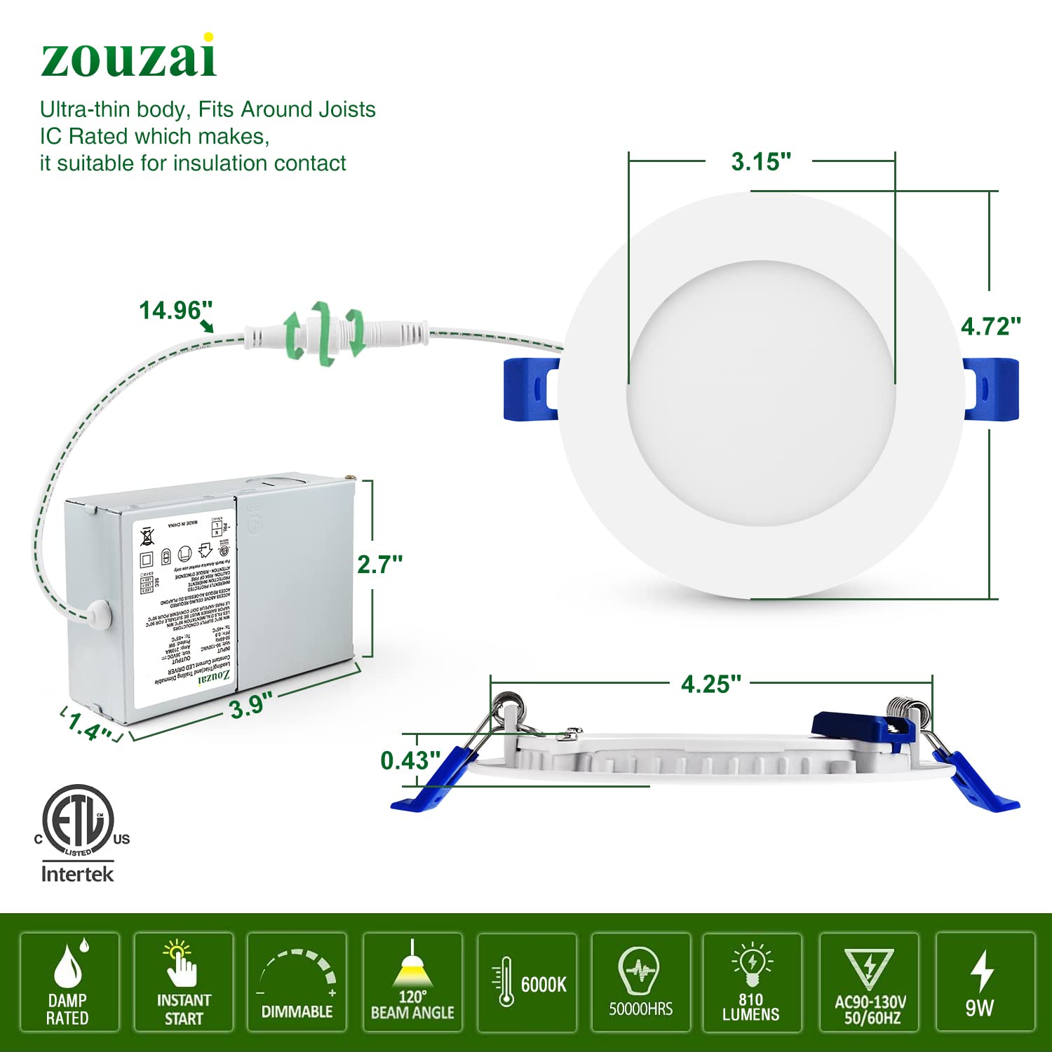 zouzai 12 Pack 4 Inch Ultra-Thin LED Recessed Light, 6000K Clear White, Dimmable, Aluminum, Model LBT-SRPL-09C,