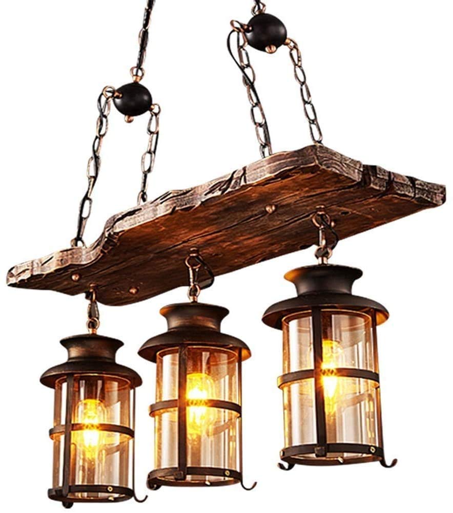 Wood Retro Pendant Lighting Industrial Vintage Chandelier Black Metal Bedroom Restaurant Suspension Lamp Cage Frame with Glass S