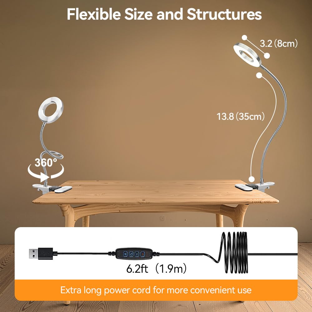 Skymore Clip on Light - 3 Color Modes, 10 Brightness Levels, Flexible Gooseneck, Metal, 6.02inx4.25inx3.15in, Silver,