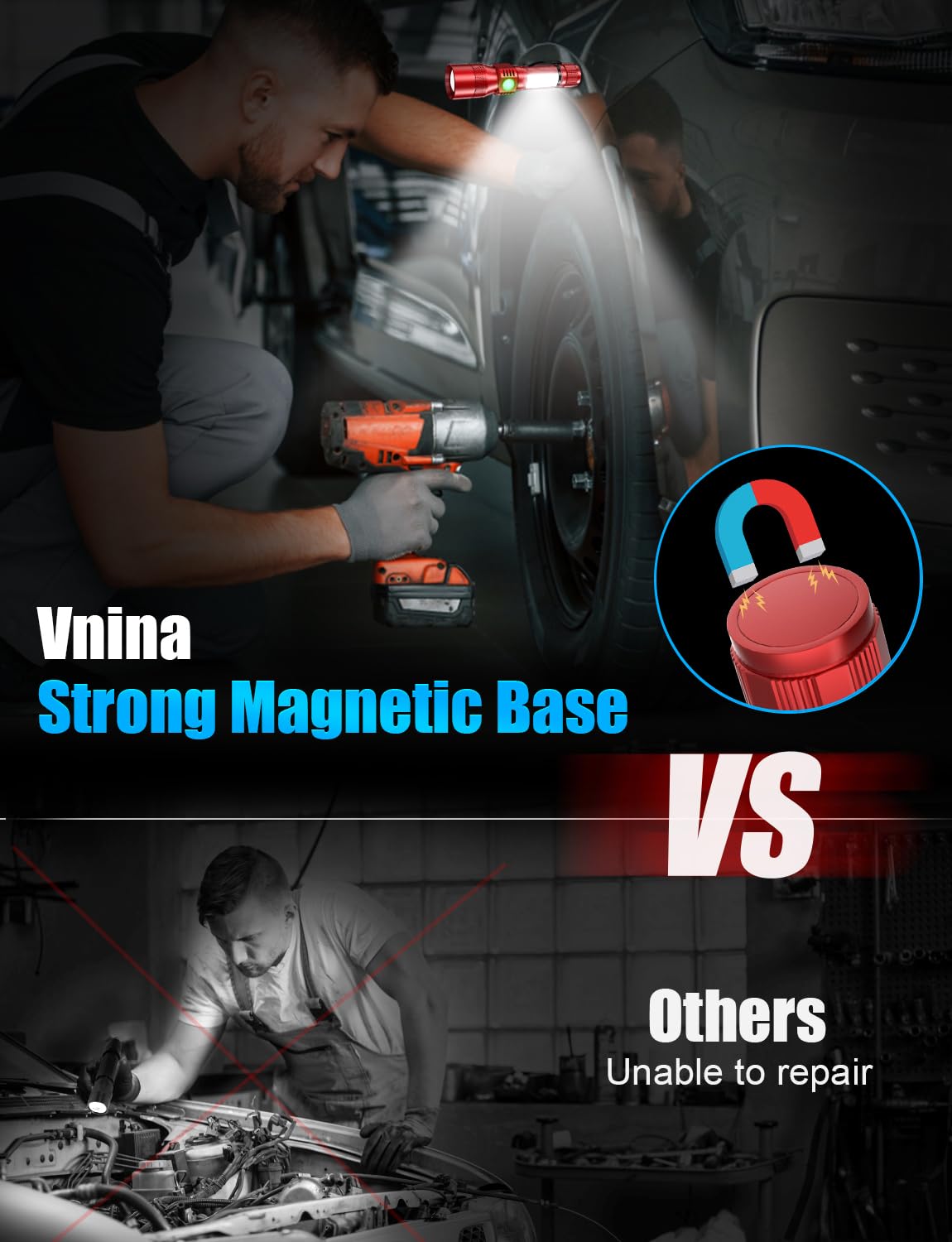 Vnina UV Rechargeable Flashlight, 1000 Lumens, 2 Pack, 5.71 IN, Red, Magnetic Base, Sidelight, Zoomable