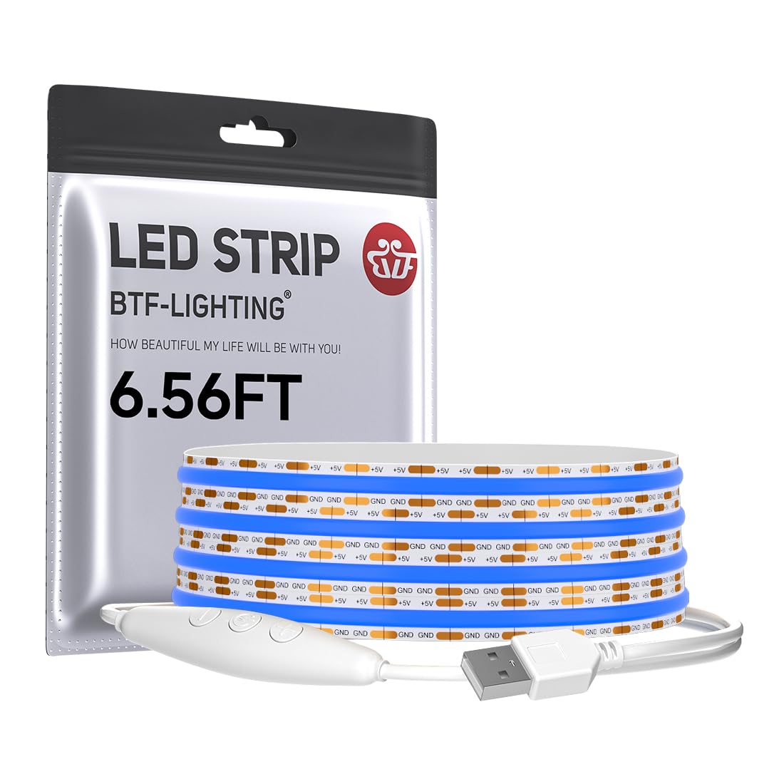 BTF-LIGHTING FCOB COB FOB LED Band Lights 5V USB Powered 6.56FT 640LEDs Blue Color 8mm Width Dimmable CRI 90+ with 3M Tape Flexible High Density for 3D Printer TV Backlight PC DIY Decor