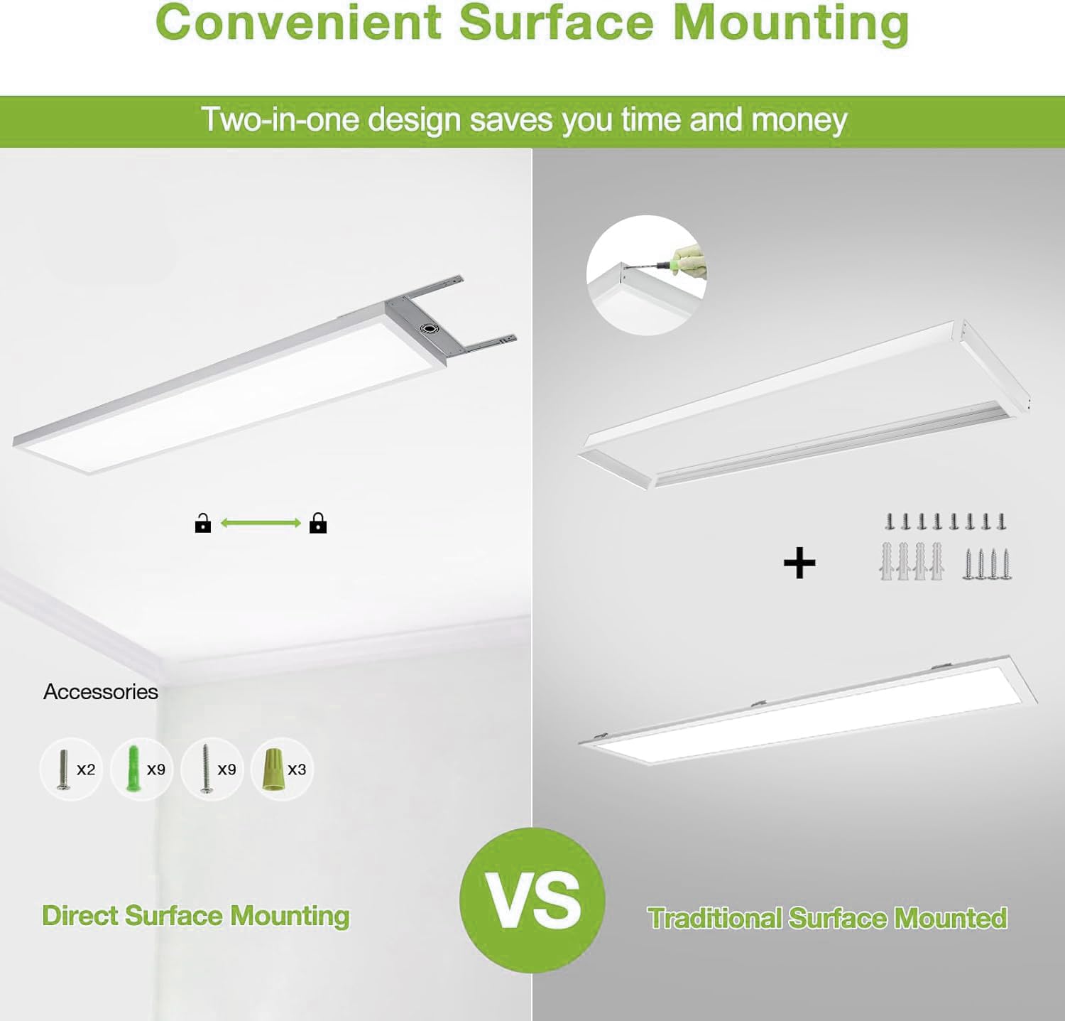 1X4 Led Flat Panel Light Surface Mount Ceiling Light, 3Cct 3000K/4000K/5000K Dimmable, 30W/40W/46W 5060Lm -Lit, Flush Mount Or D