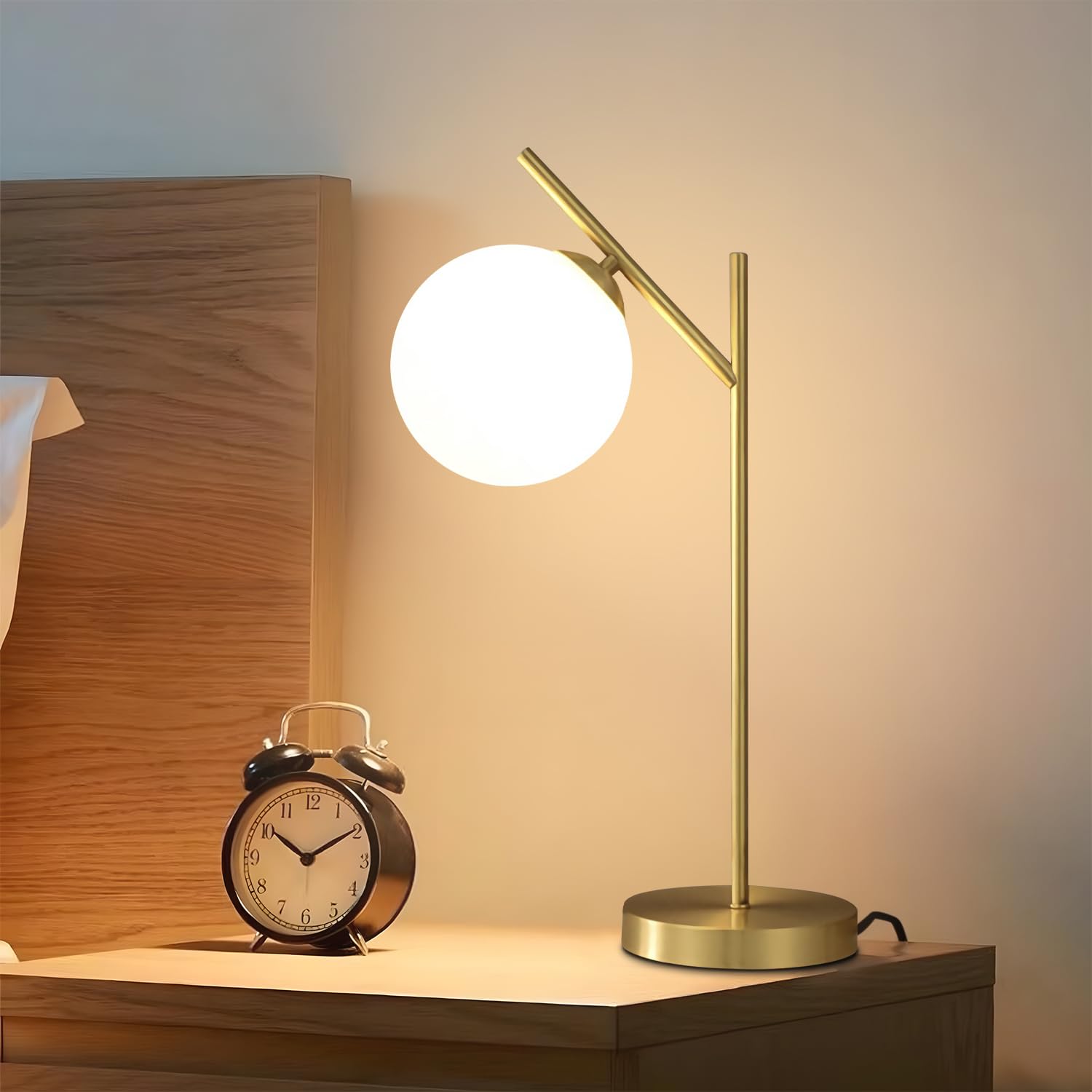 Fulesi Globe Table Lamp with Milky White Glass Globe Shade - Contemporary Brass Metal Bedside Lamp for Bedroom, Living Room, Stu