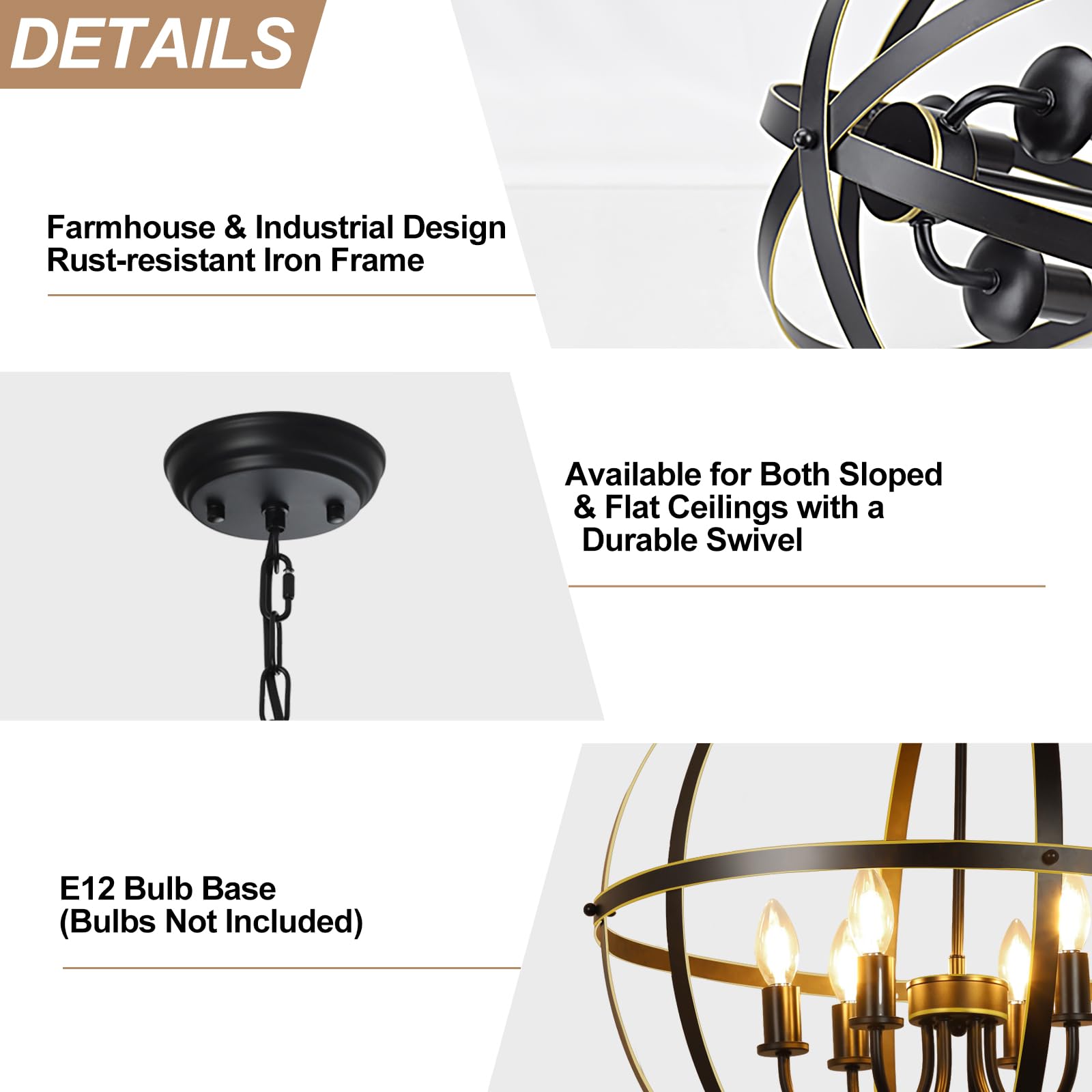 DINGLILIGHTING 6-Light Orb Chandelier, Metal, Adjustable, Black and Gold, Model WS-FND5-40B-G