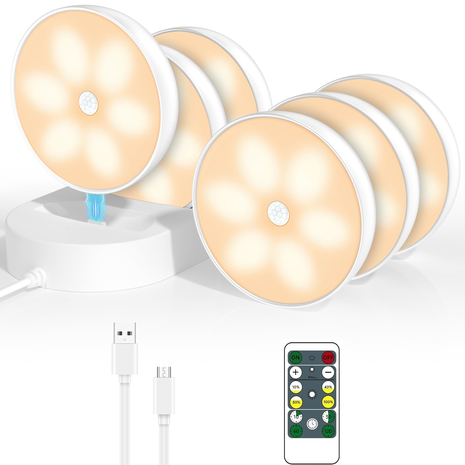LED Closet Lights Motion Sensor Puck Light with Charge Station, USB Rechargeable Battery Operated Puck Step Lights, Dimmable Und