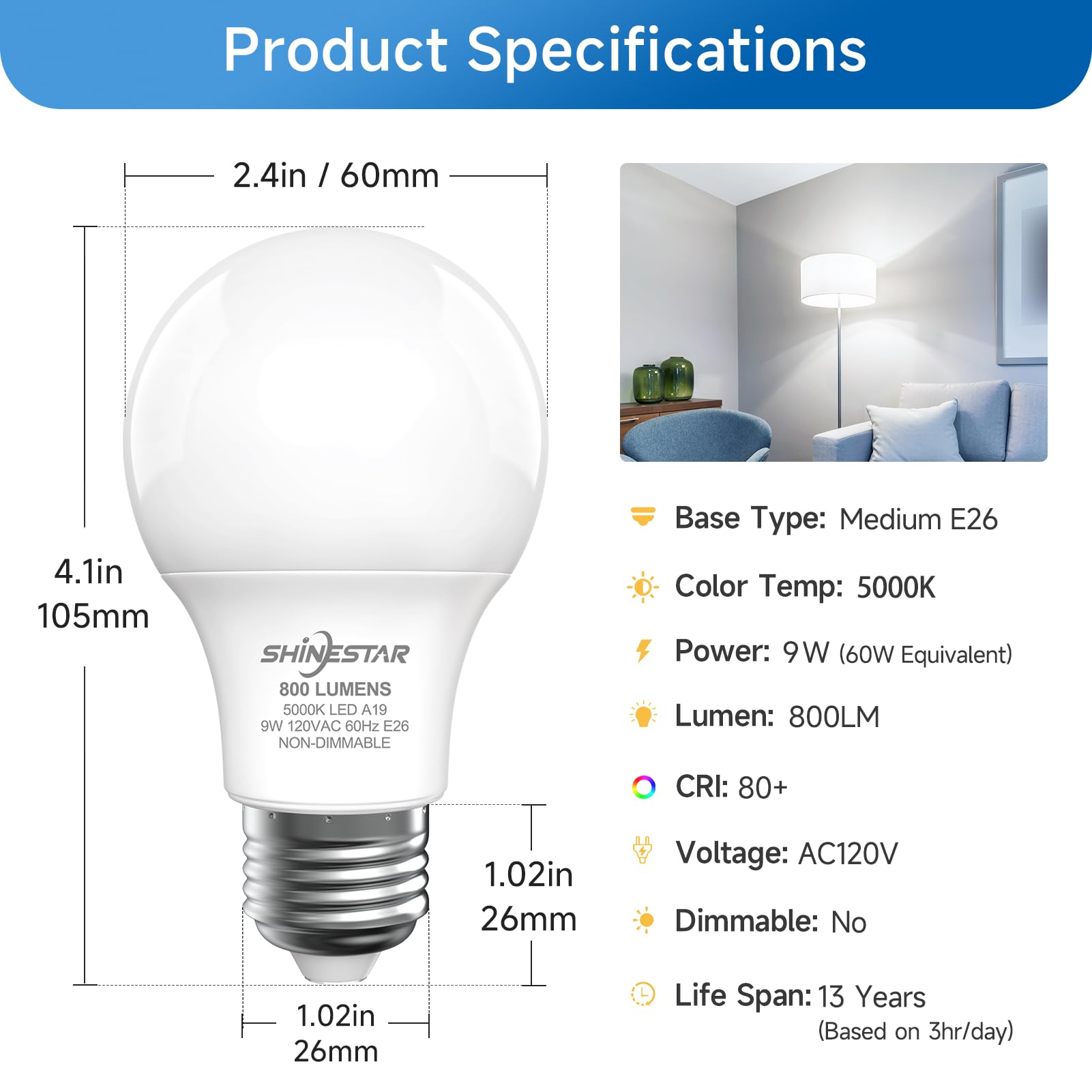 Shinestar A19 Led Light Bulb, 60 Watt Light Bulbs 5000K Daylight White, E26 Standard Base, Non-Dimmable, 6-Pack