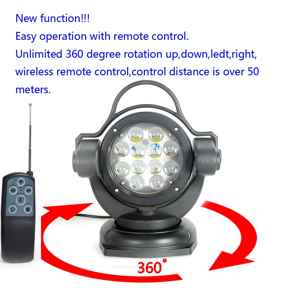 FSYF 60W Remote Control LED Searchlight - 360° Rotating, Black, 11 inch, Aluminum, Ideal for Marine, SUV, ATV, Truck, Boat