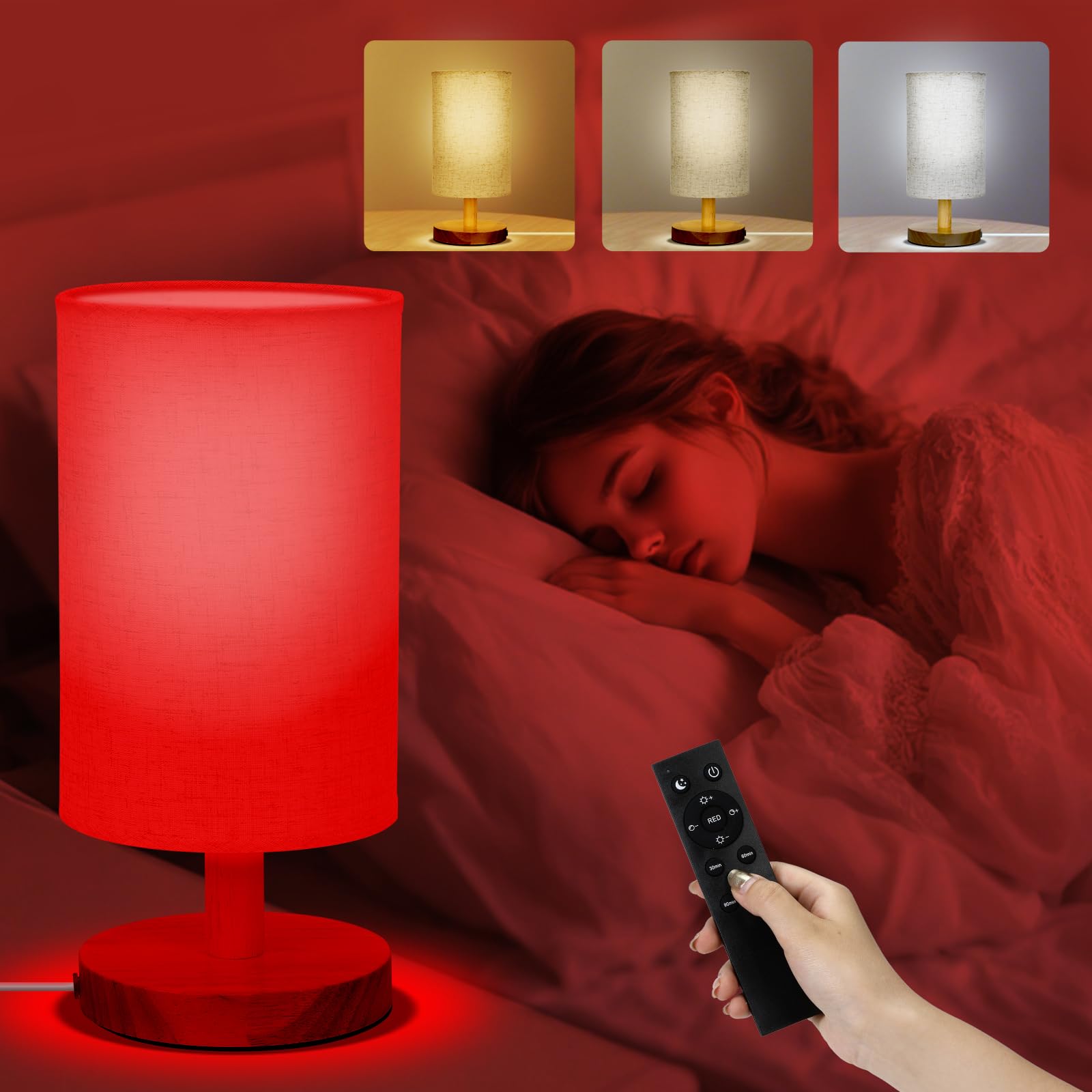 Red Light Lamp for Bedroom, Nightstand Lamp with 670nm Red & 3000-6500K White Light, Remote Control, Timer, Night Light, Dimmabl