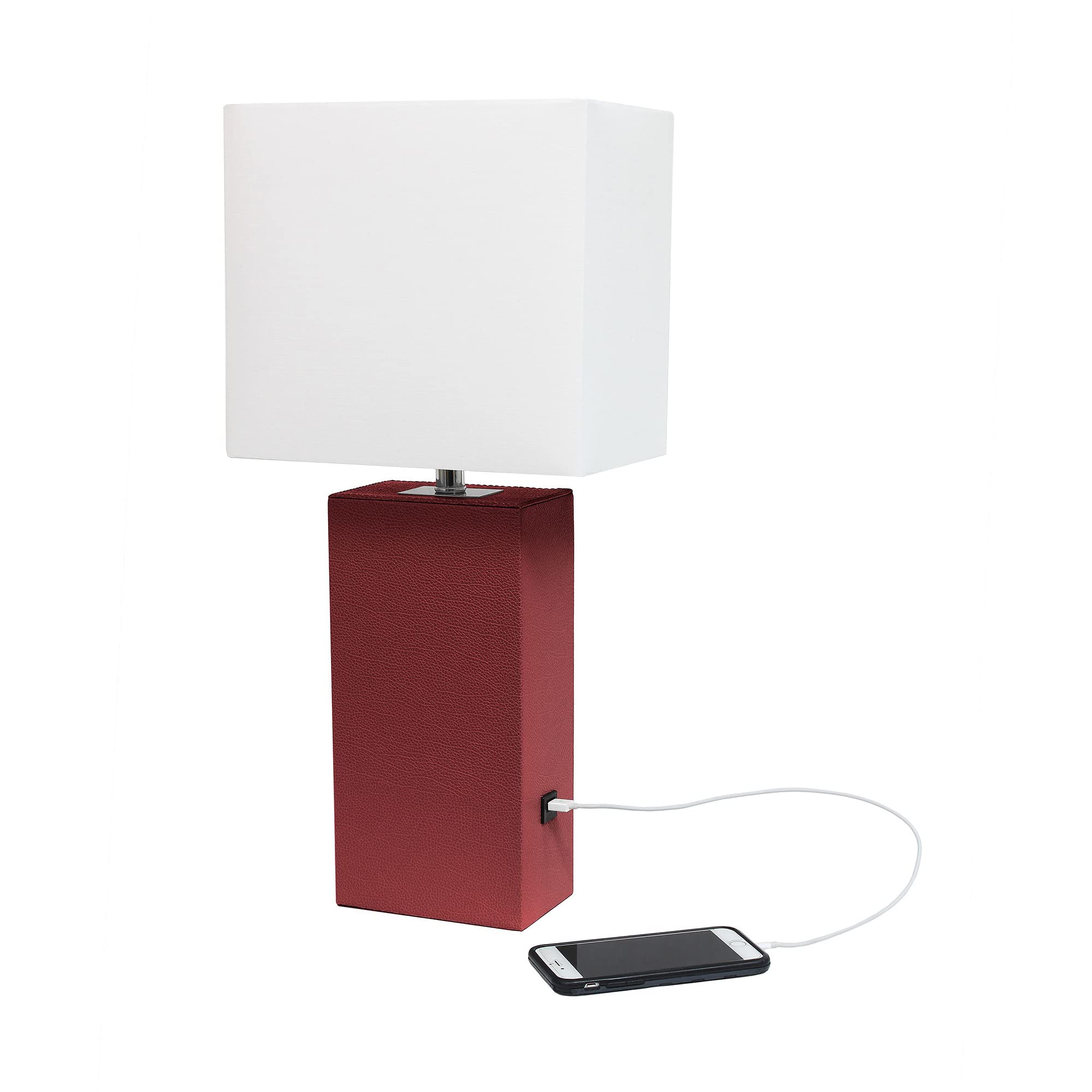 Lalia Home Red Leather Base Bedside Table Lamp With Usb Port & White Fabric Shade, 21&quot;