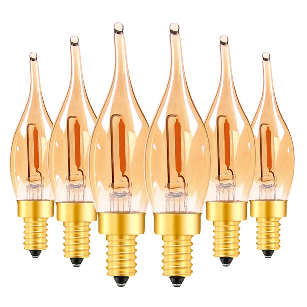 Led Vintage Candelabra Bulbs Night Lights E12 C22T Edison Candle Bulbs Filament Flame 7 Watt Equivalent Led Chandelier Light Bulbs Decorative Lights 2200K Warm Amber Glass, Cri 90+, Pack Of 6