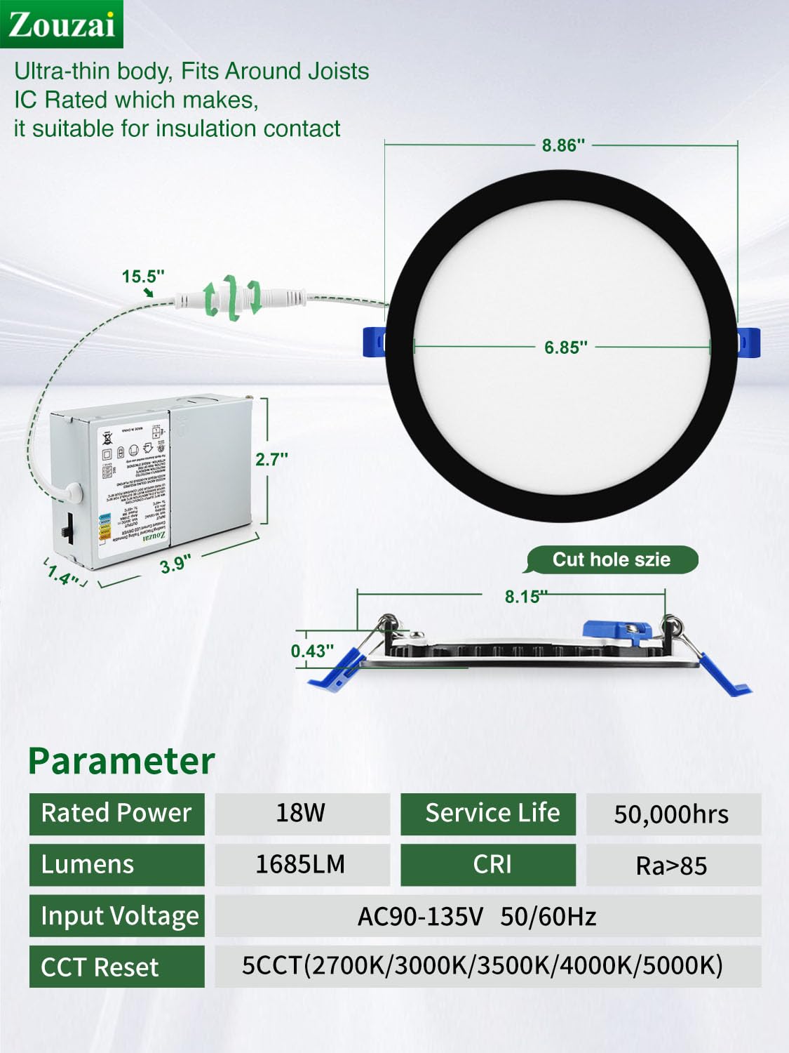 Zouzai 6 Pack 8 Inch Black 5Cct Ultra-Thin Led Recessed Ceiling Light With Junction Box 2700K/3000K/3500K/4000K/5000K Selectable