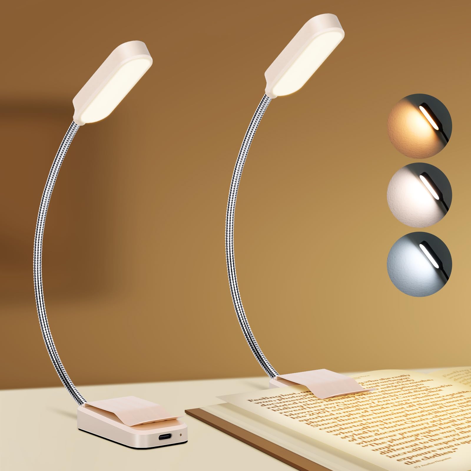 Book Light 2 Pack, Rechargeable Reading Lights for Books in Bed-Eye Caring 3 Colors, Stepless Dimming, 360 Flexible Studying Sma
