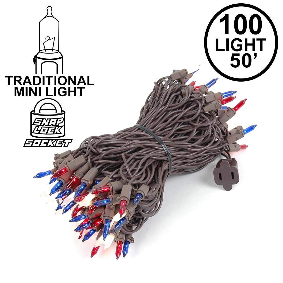 Novelty Lights 50FT Brown Christmas Lights, UL Listed, Indoor/Outdoor, 100 Lights, Red/White/Blue, Model MRD-25B-4