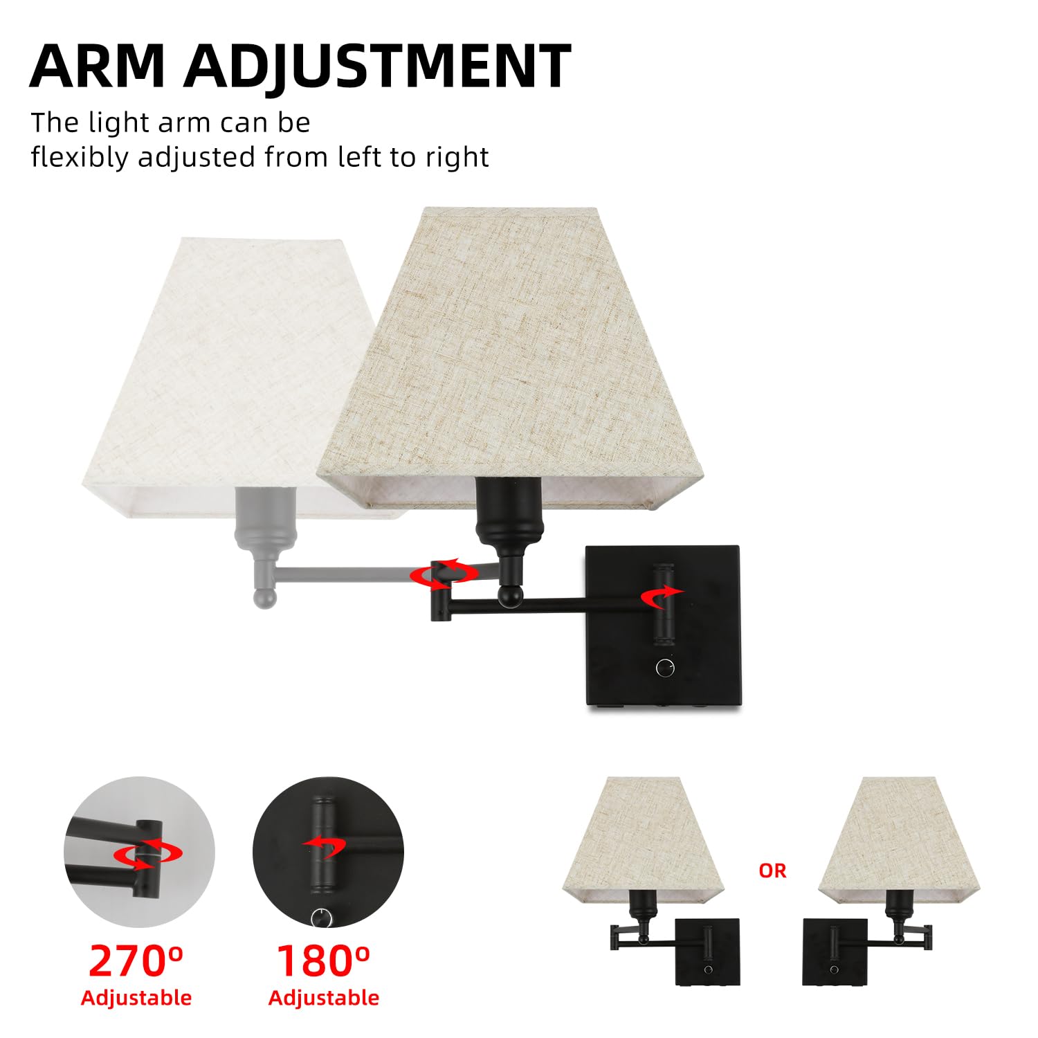 13'' Modern Swing Arm Wall Lamp Plug In Wall Sconce With Usb And Type-C Port Wall Mounted Lamp With Dimmable Switch Black Wall S