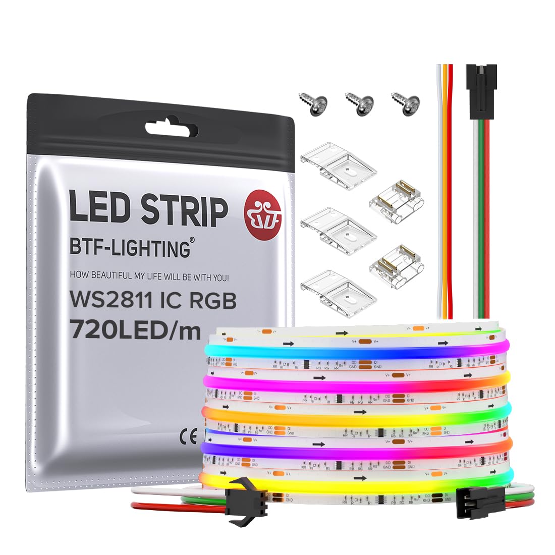 BTF-LIGHTING FCOB WS2811 RGB LED Strip 24FT 720LED/m White PCB DC24V High Density Flexible Light