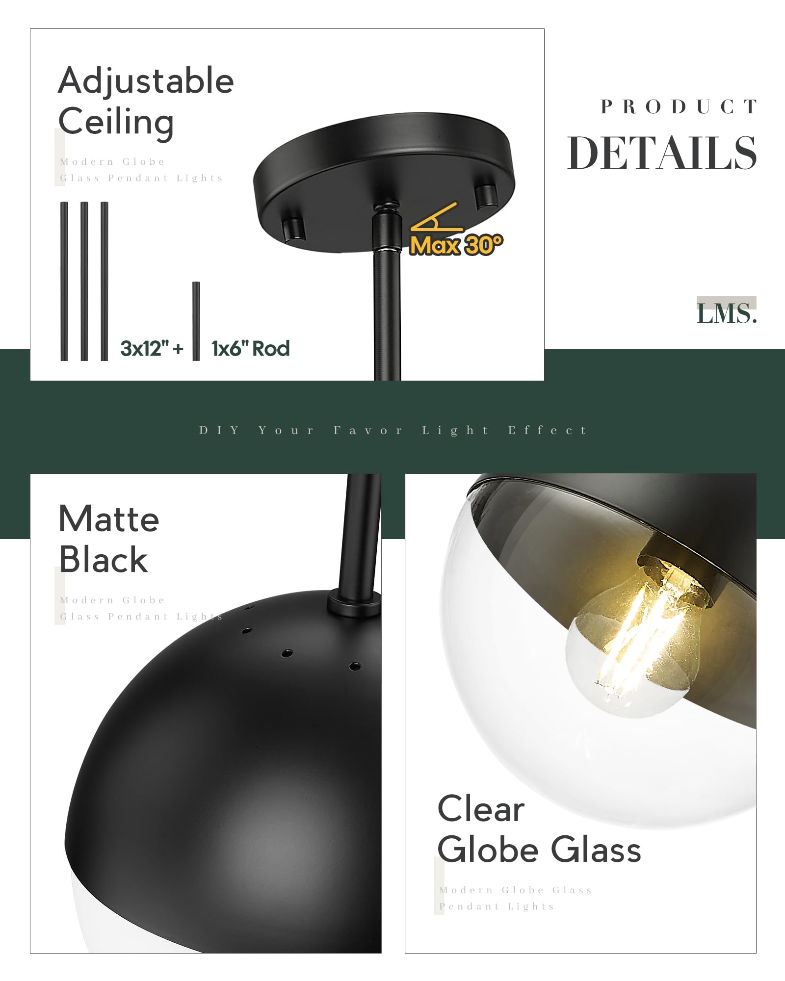 Lms Modern Pendant Lights, Matte Black Kitchen Island Pendant Light Fixtures, Adjustable Hanging Rod Ceiling Light For Dining Ro