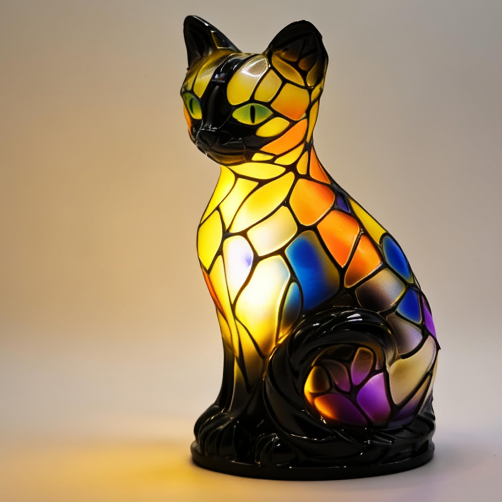 Rehenbsem Cat Table Lamp,Stained Resin Table Lamp, Vintage LED Night Light, Bedroom Desk Bookshelf Decoration, Funny Gift for Ca