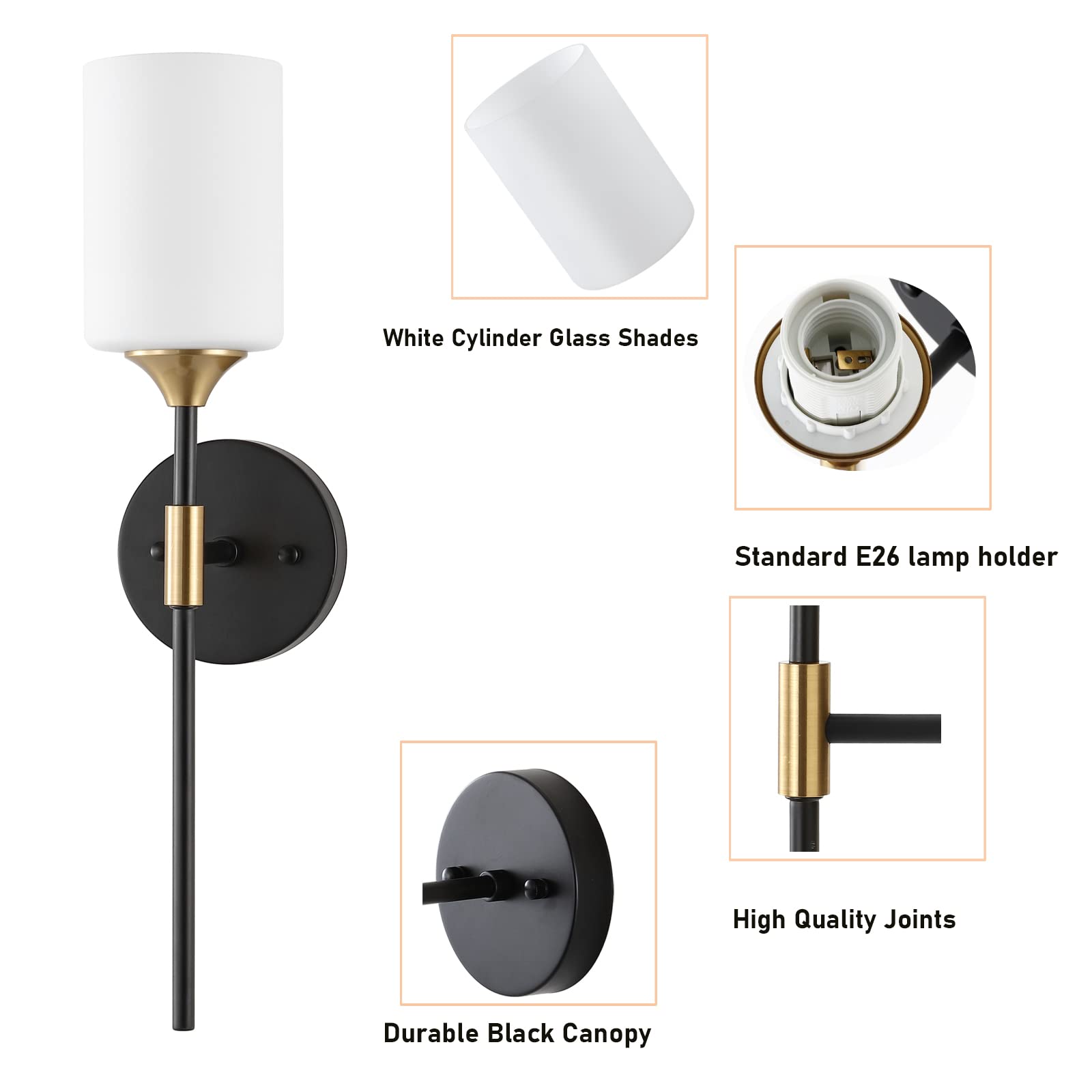 Byoliima Industrial Mid Century Wall Sconce Set Of 2 With White Cylinder Glass Shades Modern Bathroom Vanity Wall Lamp Black And