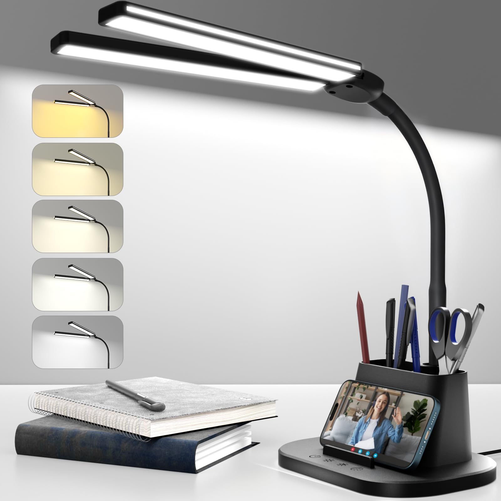 LED Desk Lamp, Eye-Caring Desk Light with Organized Base, 5 Color Modes & 5 Level Brightness, Adjustable Flexible Gooseneck Touc