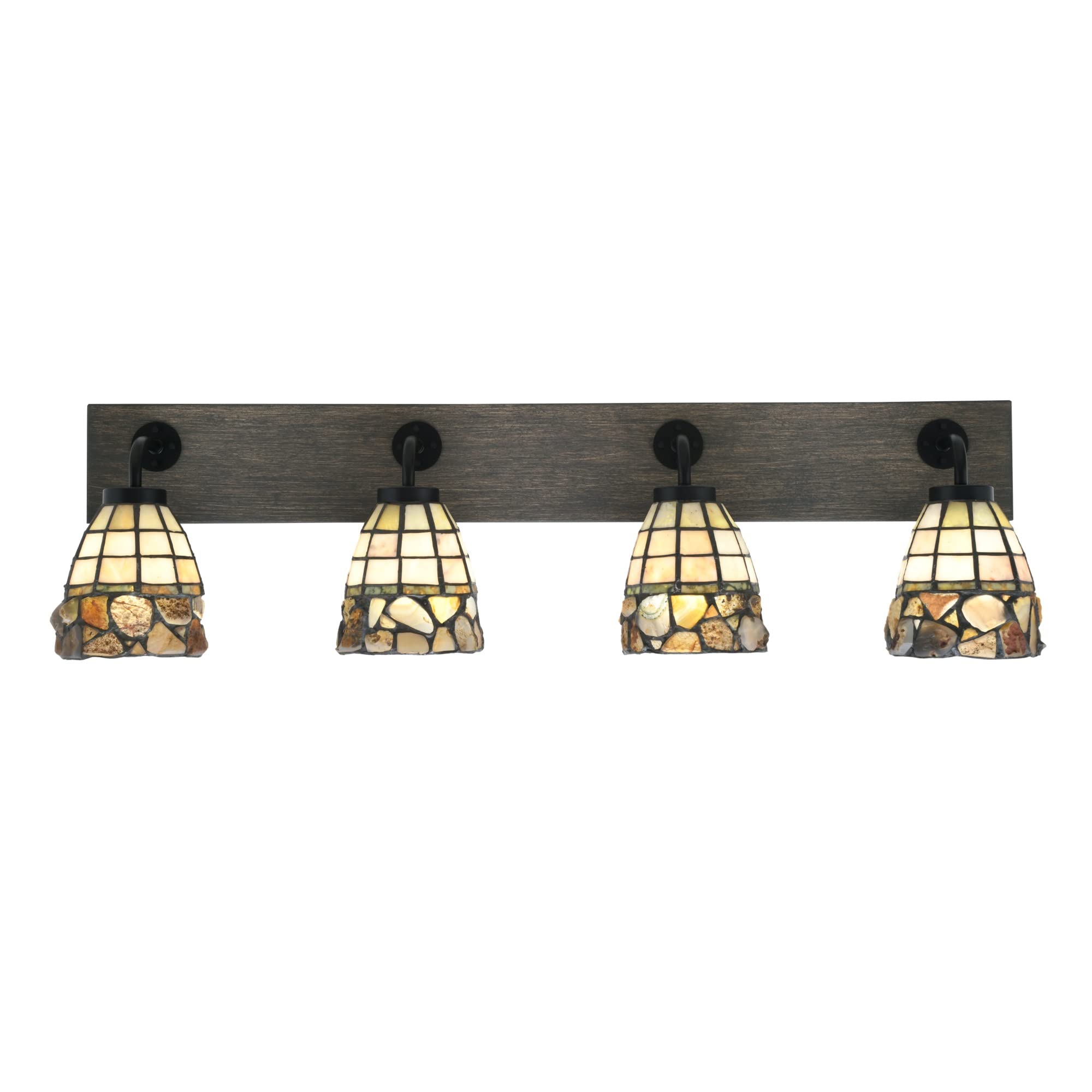 Oxbridge 4 Light Bath Bar In Matte Black & Painted Distressed Wood-Look Metal Finish With 7" Cobblestone Art Glass